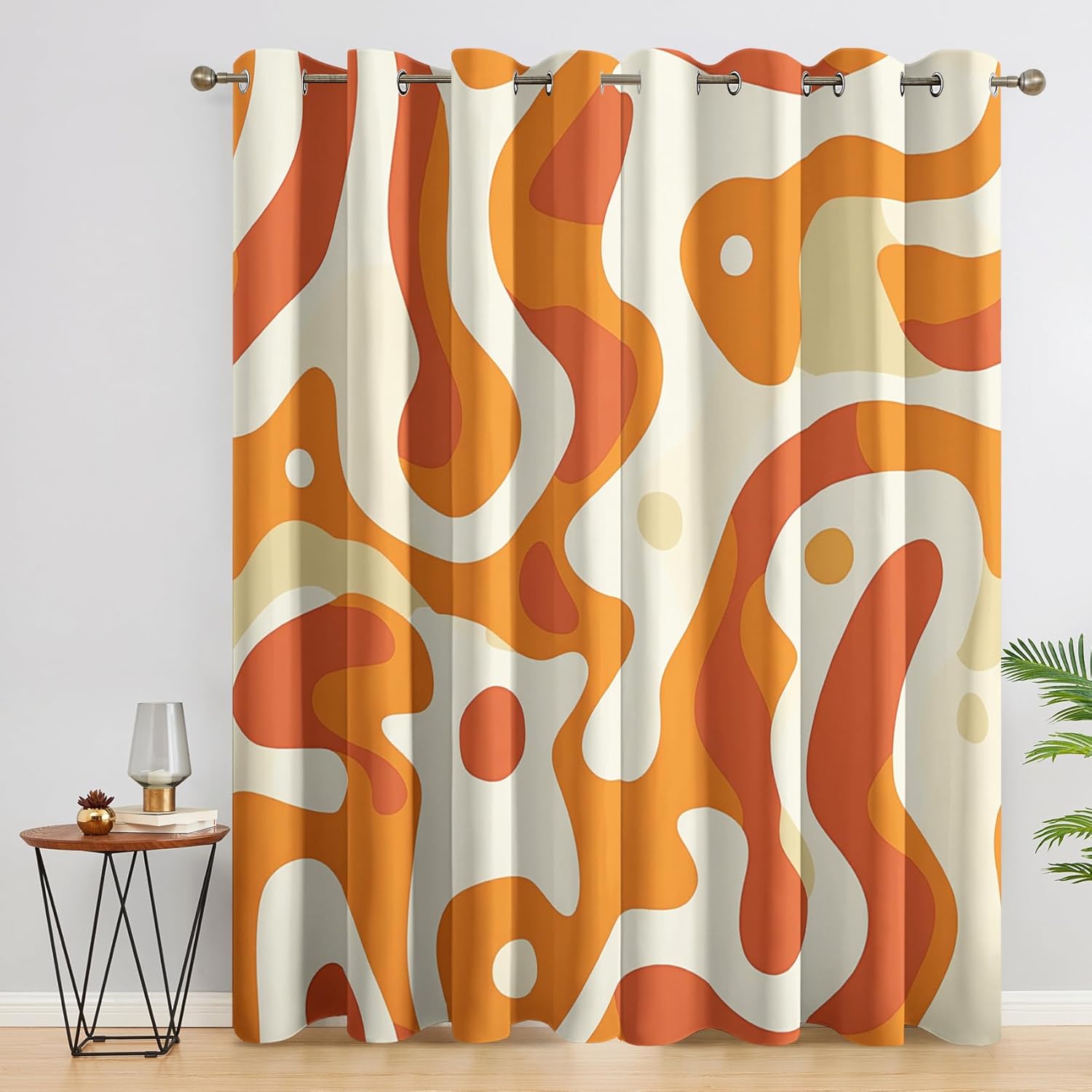 70s Swirl Abstract Blackout Curtains, Retro Orange Curtains for Bedroom Living Room - Funky Groovy Decor Grommet Window Drapes 84 Inch Length, 2 Panels Set