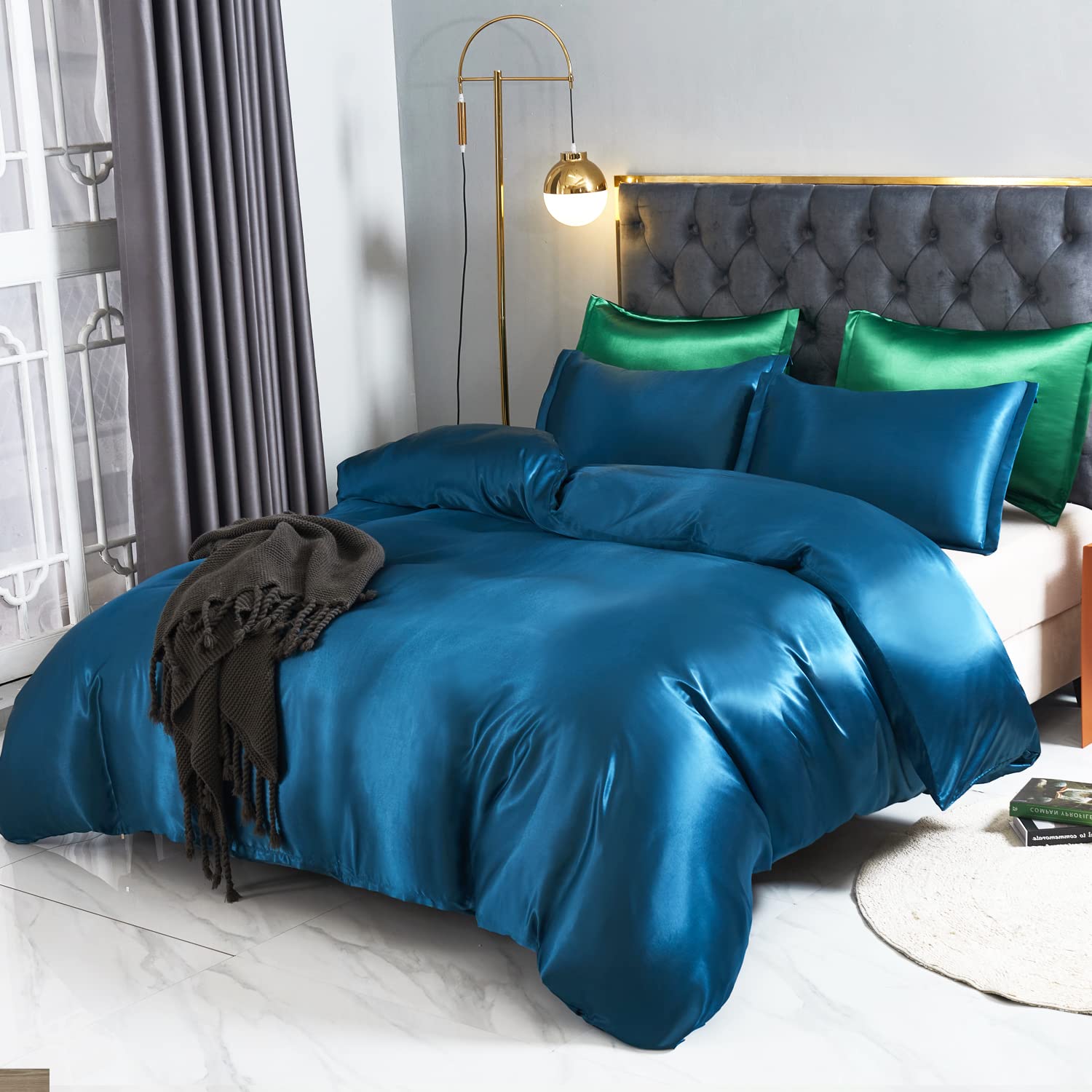 HOdo Home Satin Silk Grey Duvet Cover Full/Queen Size, 100% Polyester 3pcs Comforter Cover, Ultra Soft and Breathable Bedding Set with Zipper Closure & Corner Ties (Navy, Full/Queen)