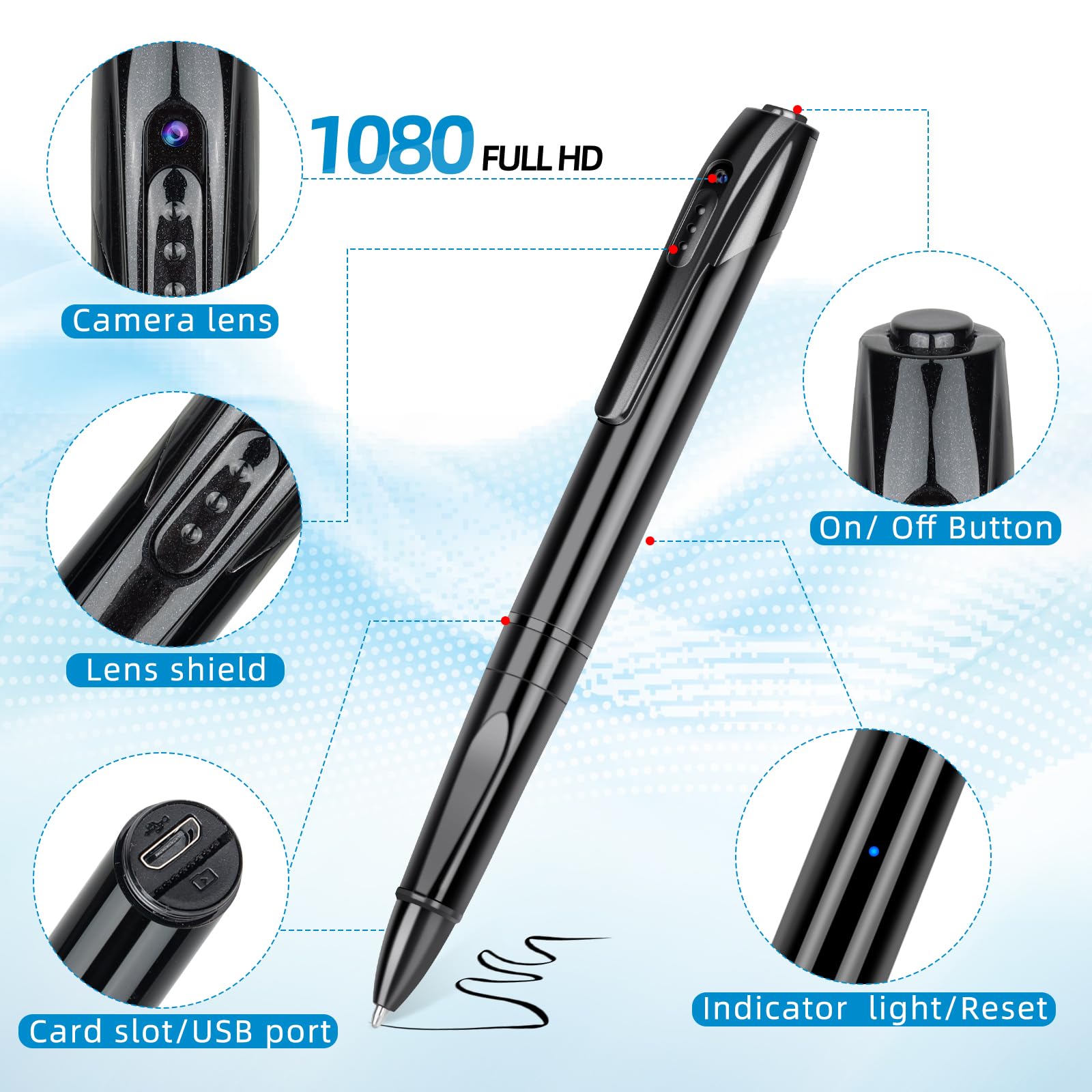 Mini caméra multifonction HD 1080p avec carte de 64 Go, longue durée de vie, transfert de données USB, 5 recharges incluses