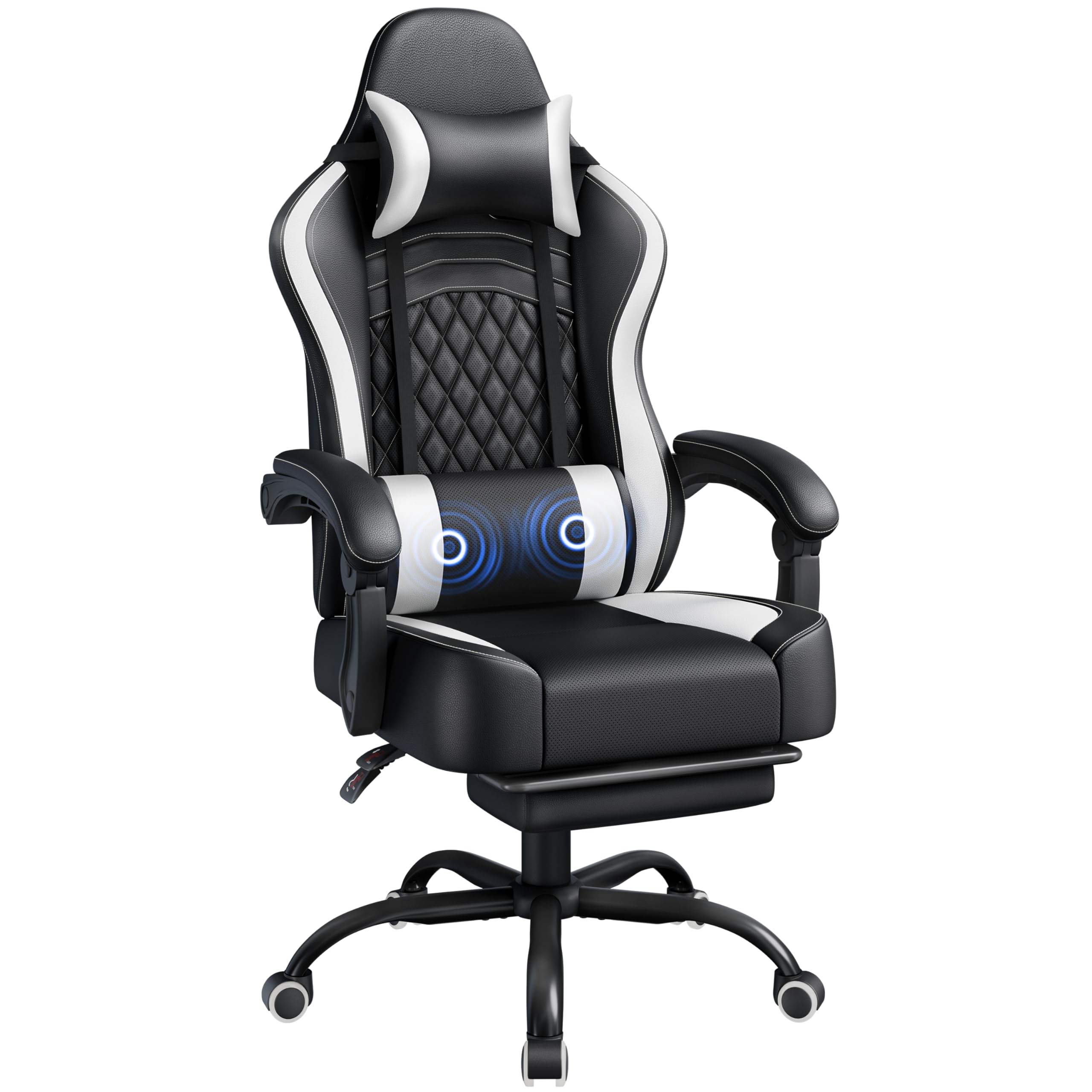Yaheetech Gaming Chair with High Back Lumbar Massage Pillow Ergonomic Height Adjustable Desk Chair with Removable Headrest Footrest Tilt Function Black/White