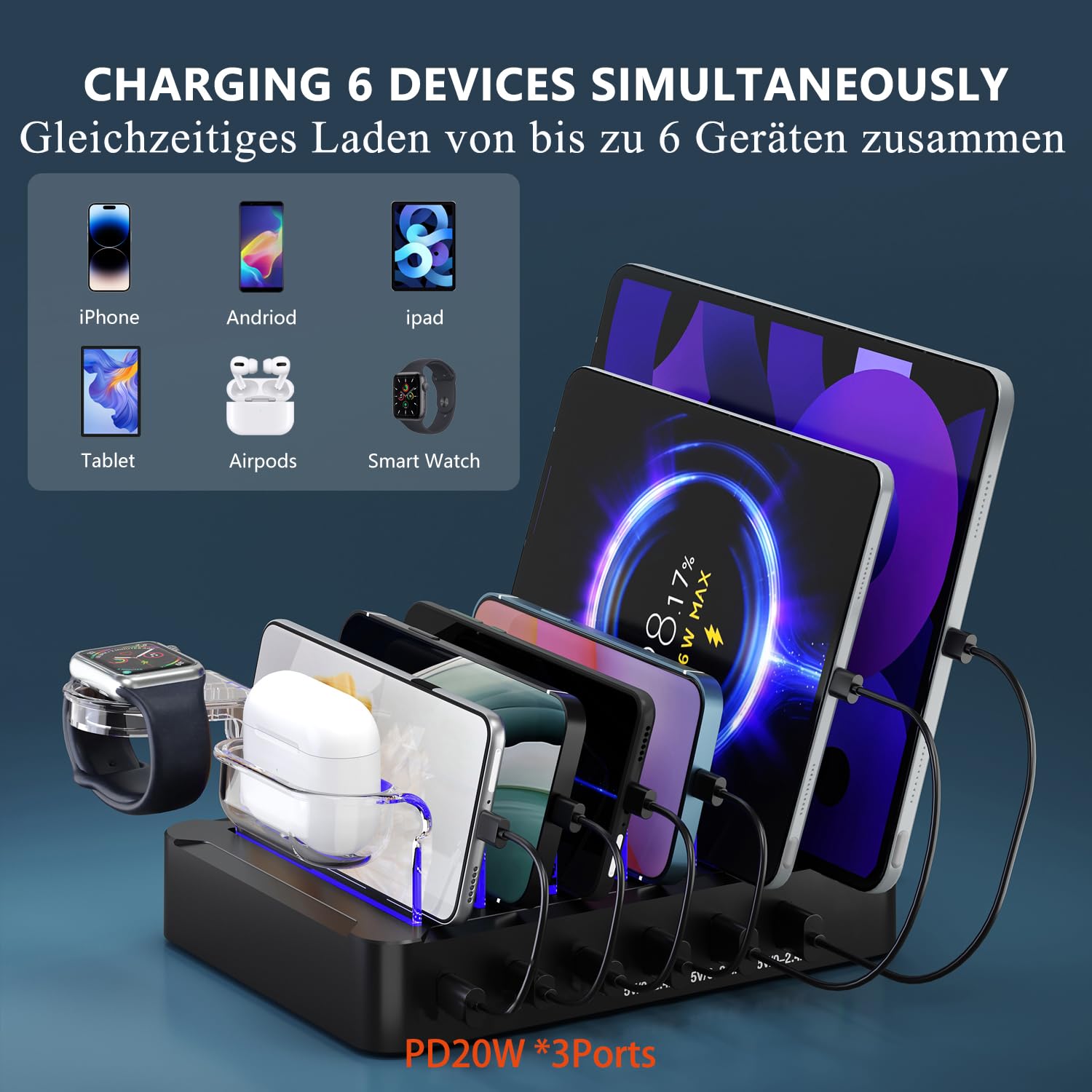 Stazione di ricarica USB C Multi Dock 6 porte PD 96 W Smart Ricarica Rapida 3 X PD 20 W USB C Connettore di ricarica compatibile per Phones lPad Lwatch Stand Tablet Più Dispositivi (6 cavi inclusi