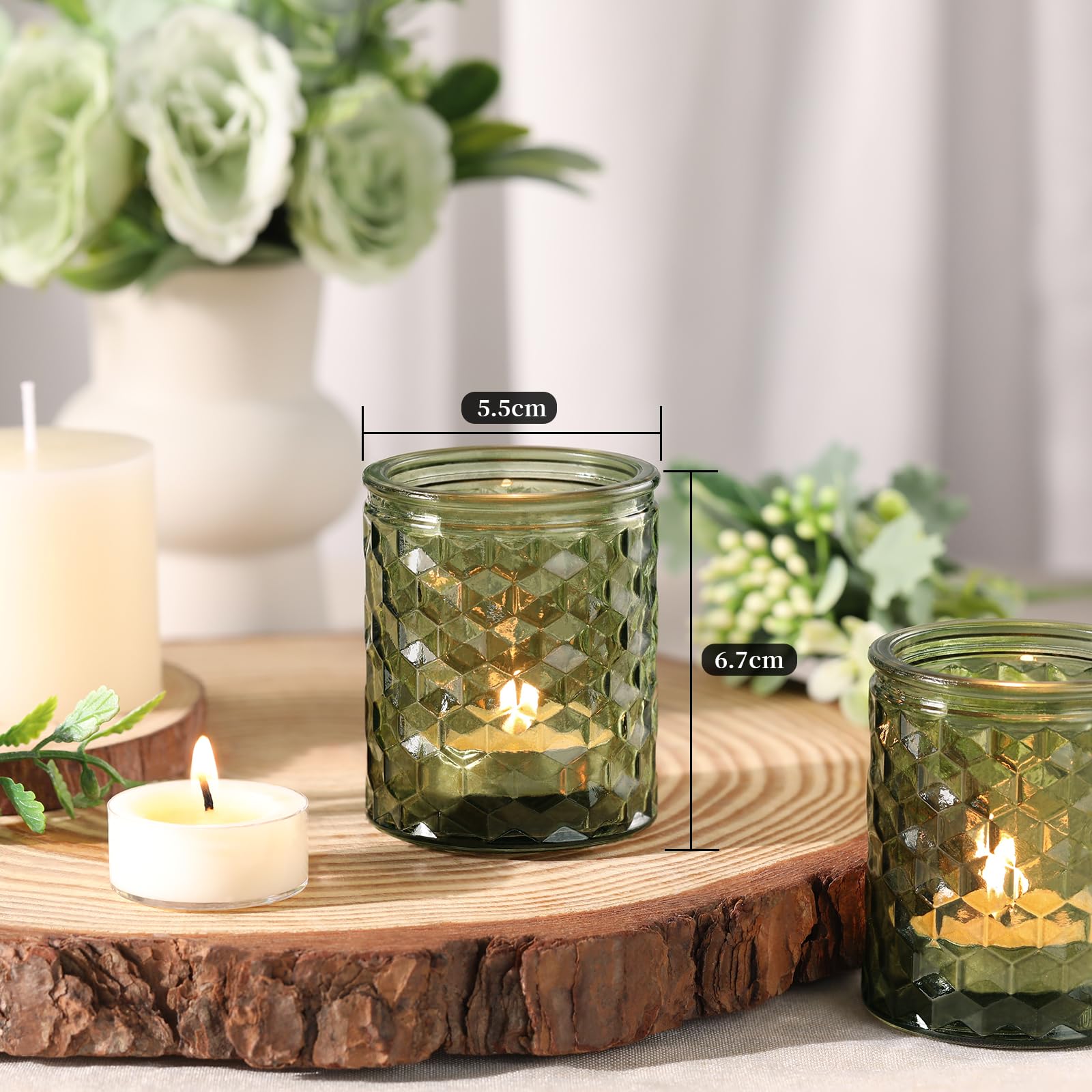 LETINE 12 Stück Teelichthalter, Glas Kerzenhalter, Langlebig und Hochwertige Grüner Teelichtgläser, 6,7 X 5,5 cm kerzengläser, Geeignet für Partys, Festivals, Hochzeiten, Heimdekoration