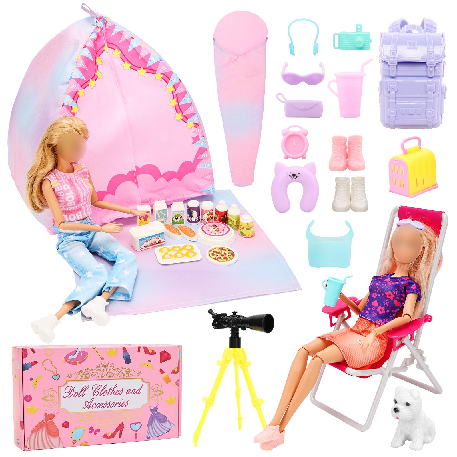 Miunana 34 Doll Travel Camping Tent Set Include Doll Tent Casual Dress Top & Pants Backpack Placemat Sleeping Bag Shoes Chair Toy Dog Camping Playset for 11.5 Inch/30cm Girl Doll for Kid