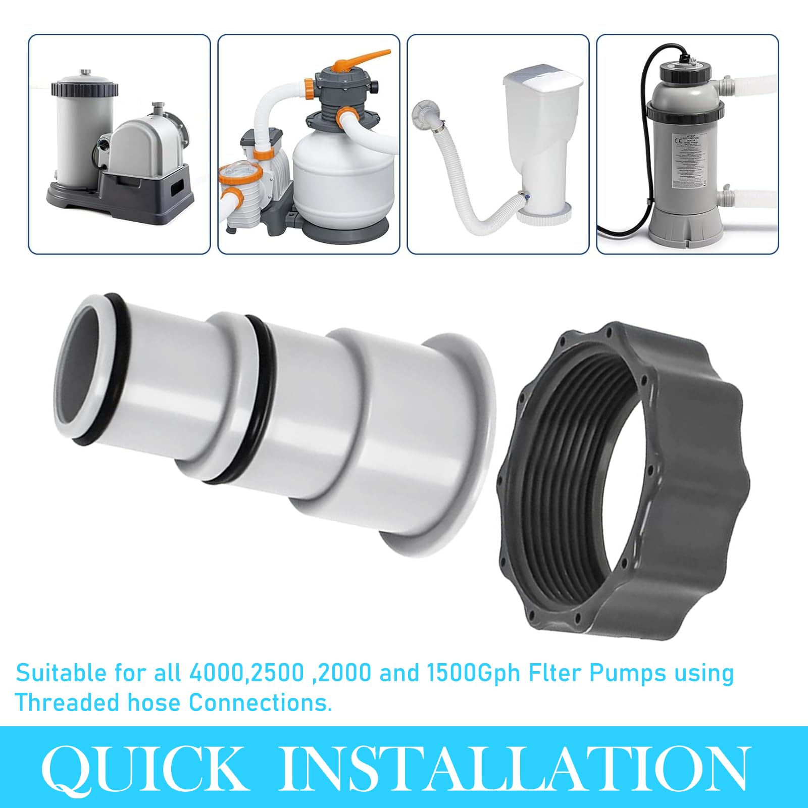 Lot de 2 adaptateurs de tuyau de piscine - Adaptateur pour tuyau de piscine de 32 et 38 mm de diamètre - Avec filetage intérieur à visser