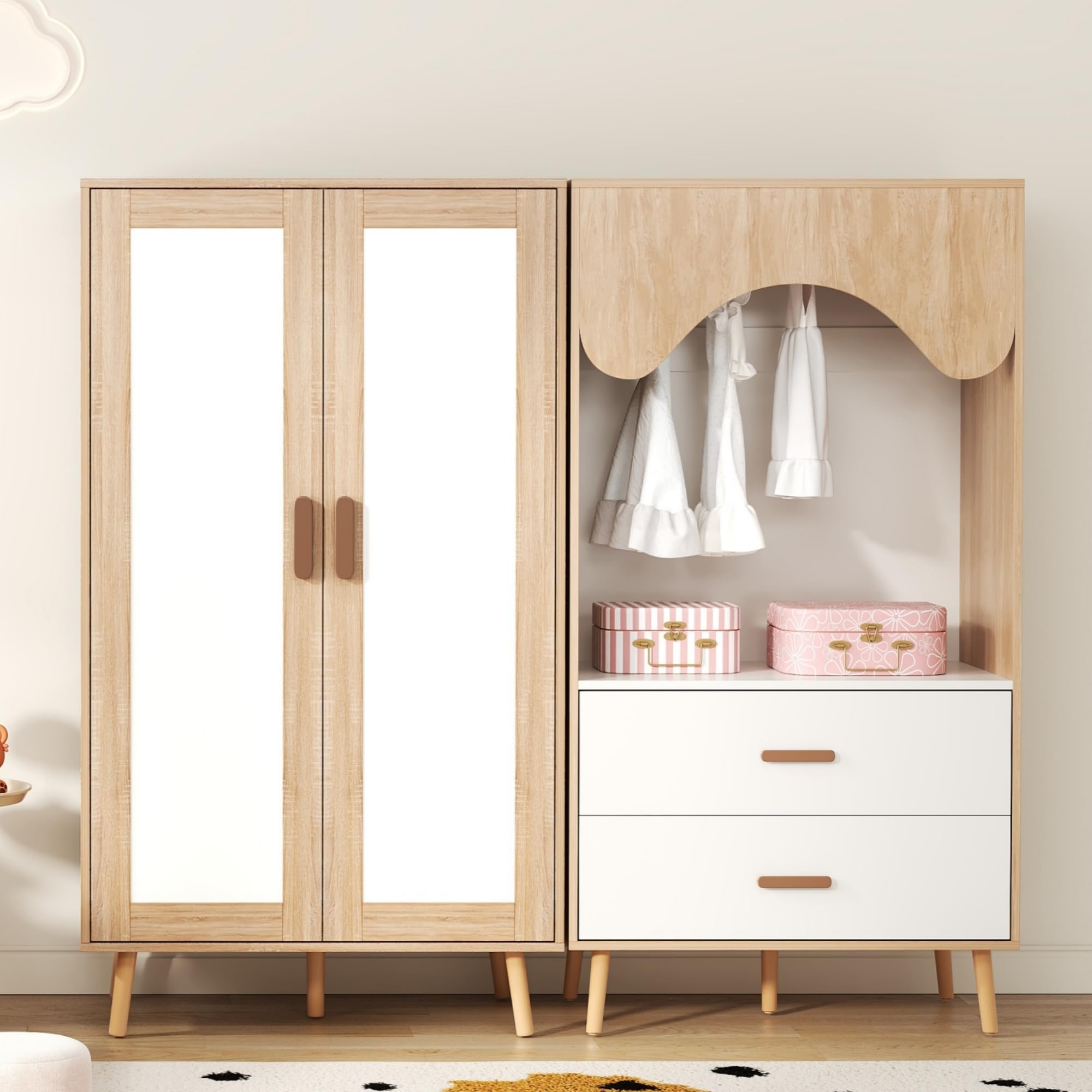 Armario infantil, juego con armario de dos puertas y abierto, para dormitorio, con barra para colgar y cajones, en color blanco y madera, 160 x 46 x 141,5 cm, Natural+Blanco