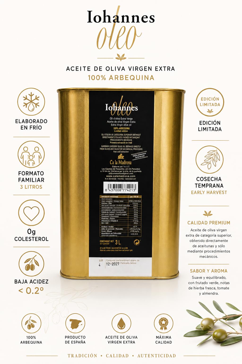 iohannes oleo, aceite de oliva virgen extra premium, aceite para ensaladas, verduras, aceite para el cuidado de la piel (3 litros)