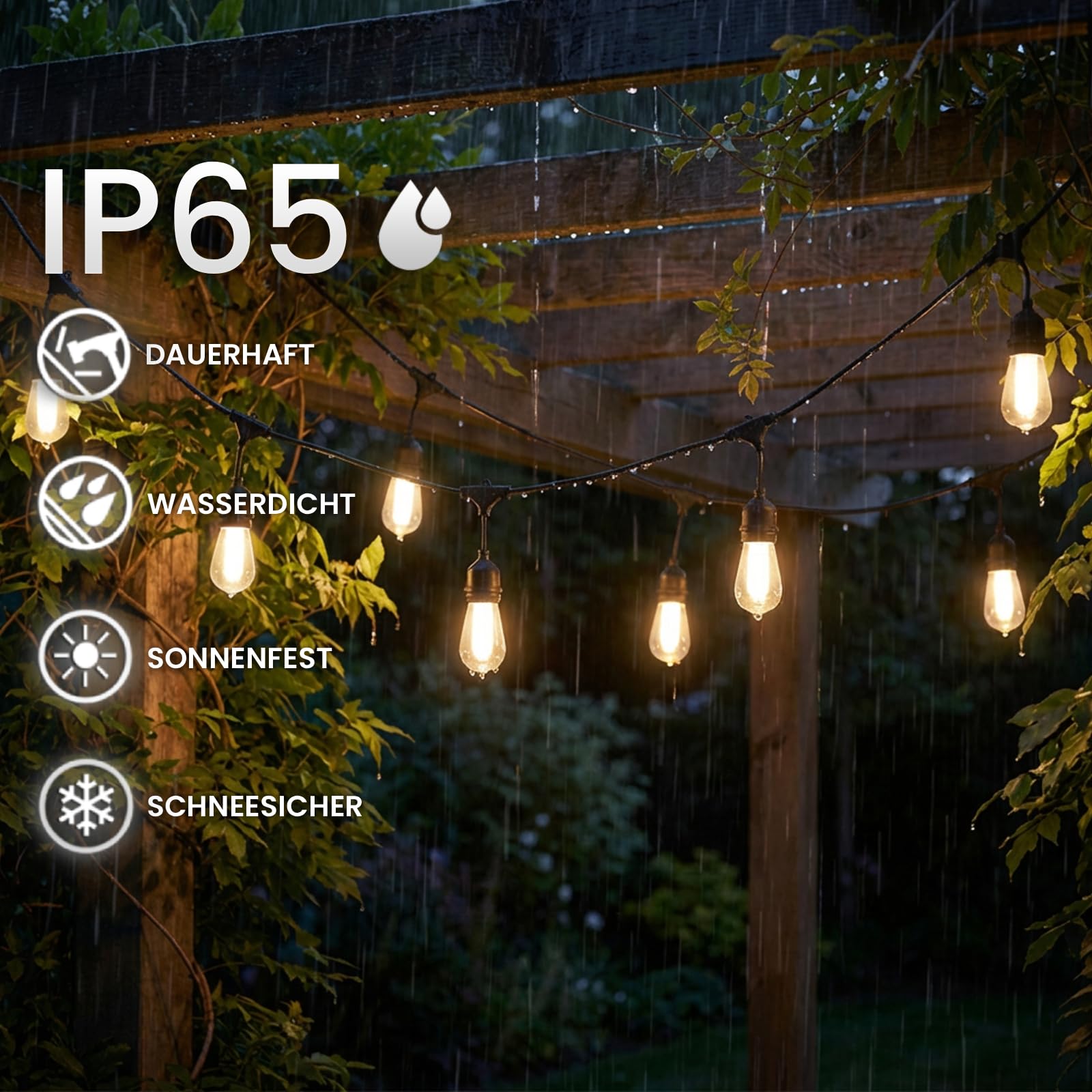 Lumiled Solar Lichterkette Außen Outdoor 15m 15 LED Glühbirnen Flammeneffekt Garten Lichterketten IP65 Wasserdicht 2in1 mit Solarpanel Strom Fernbedienung Beleuchtung Terrasse Balkon Warmweiß Dimmbar