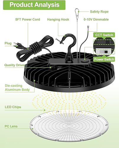Miniatura 7 de KUKUPPO Luz LED de alta bahía de 240 W, 190 W, 140 W, ajustable, 4500 K, 5000 K, 5700 K, luz de tienda UFO de alta bahía ajustable con enchufe, 0-10