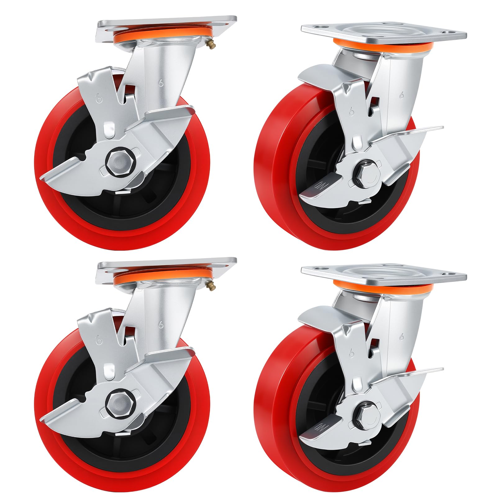 Nfbcxutkw 4*Side Brake 6 Inch Caster Wheels,Industrial Heavy Duty Caster Set Of 4,Polyurethane Surface Tpe Casters,Load 5000Lbs Swivel Brake Plate Casters,For Industrial Equipment (, 6 Inch)