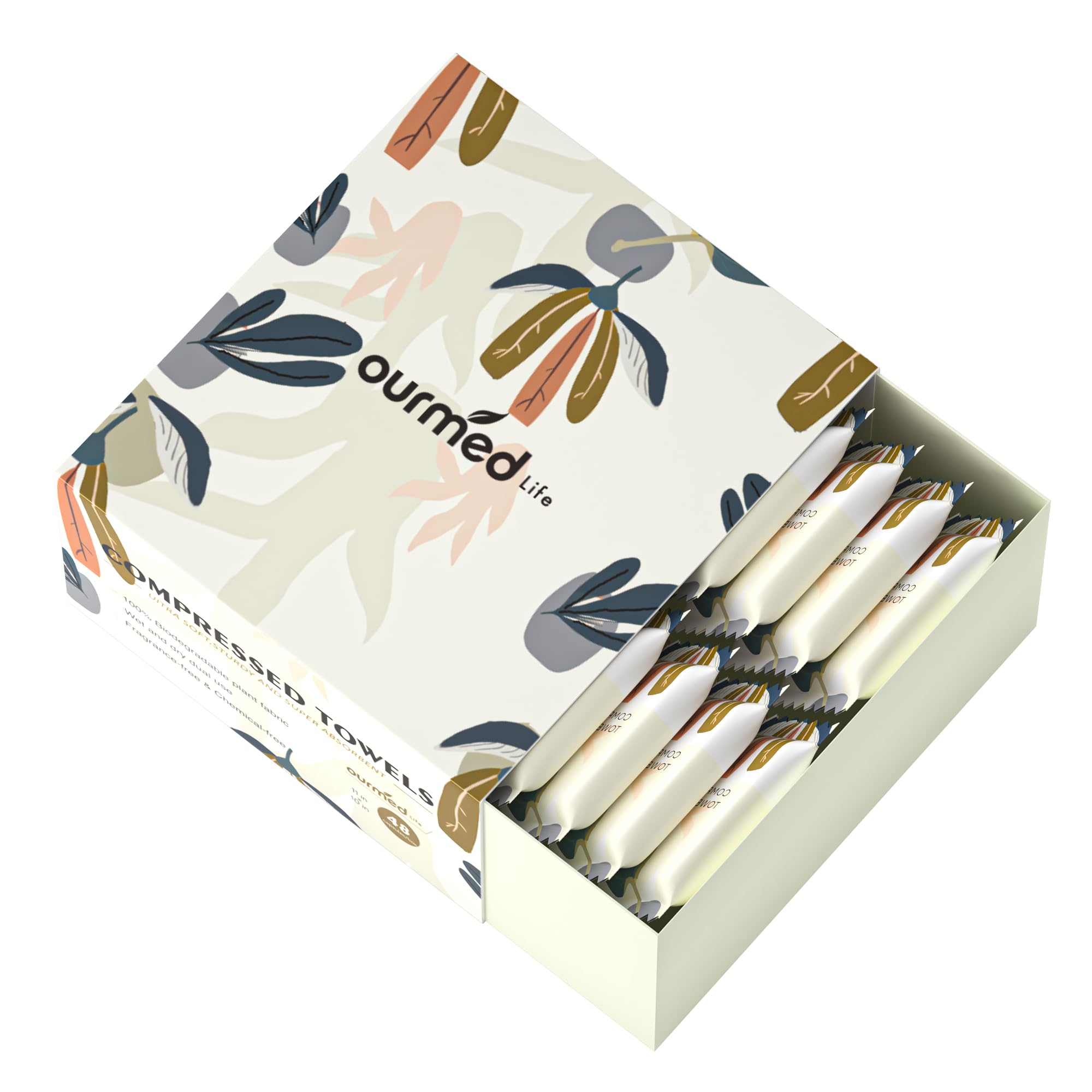 ourmed lifeDisposable Compressed Camping Face Towels, 11" x 10" - Biodegradable Clean Towel, Compact, Super Absorbent, Ideal for Travel & Camping - Convenient Single-Use Solution, 48 Count