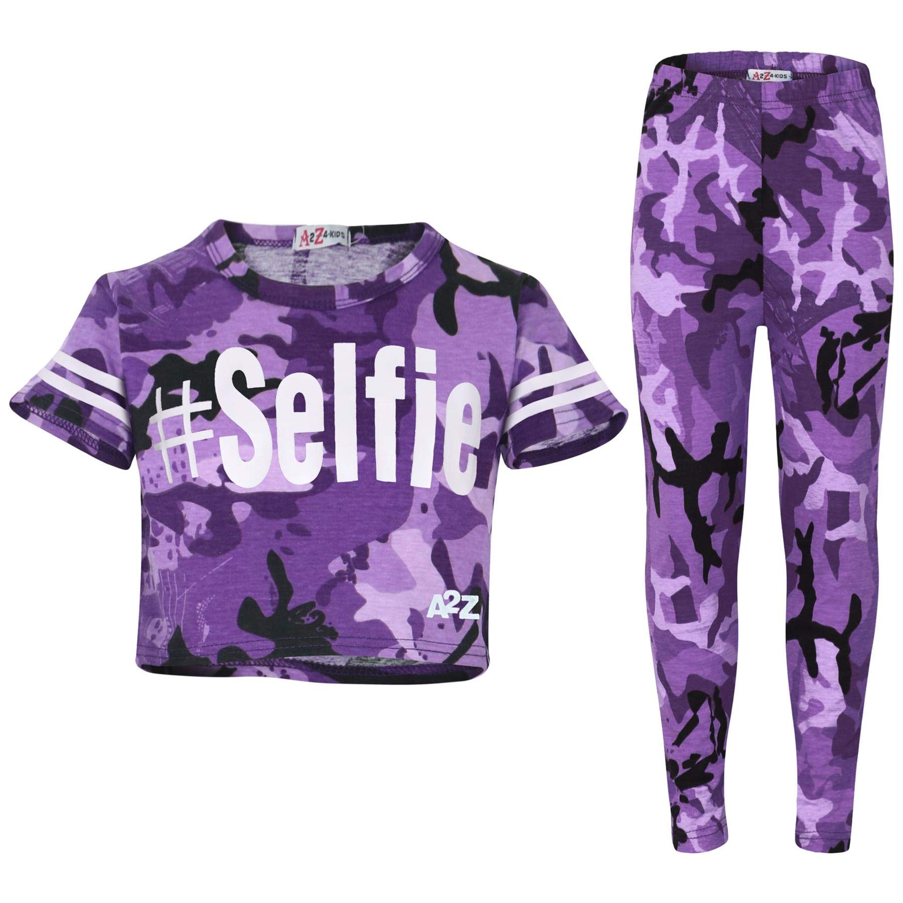 A2z 4 Kids Girls #Selfie Purple Camouflage Crop Top Legging Set Trendy Lightweight - Camo Selfie Crop & Legg Purple 9-10