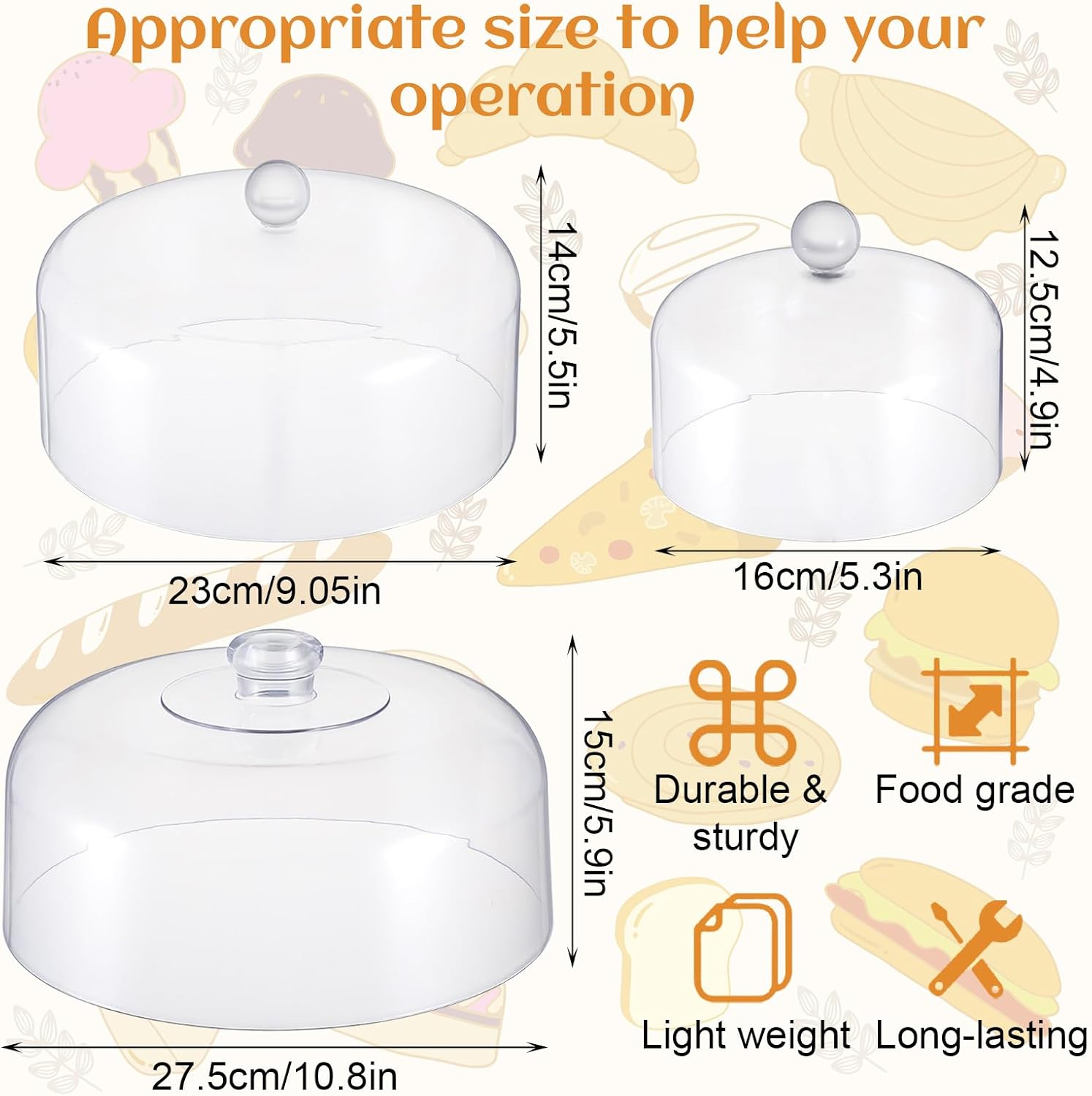 3 Pcs Clear Cake Dome Cover Set, 6.3" 9" 11" Acrylic Cake Stand Cover Transparent Plastic Food Cloche for Display Serving Platter with Handle