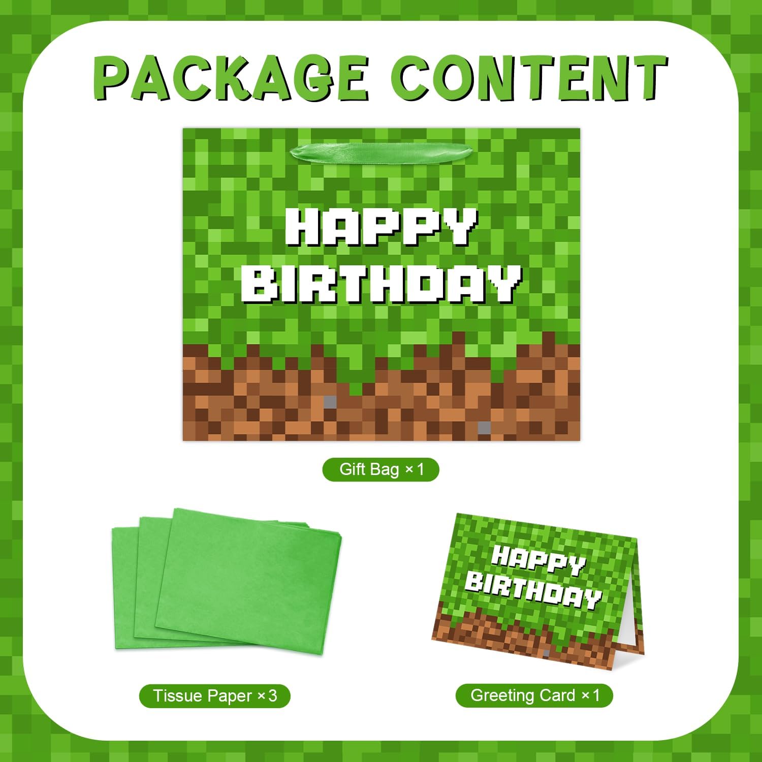 13" Large Green and Brown Pixel Birthday Gift Bag with Tissue Paper and Greeting Card Pixel Miner Theme Party Favor Bags Video Game Party for Boys Girls Kids Teenagers Birthday Decor