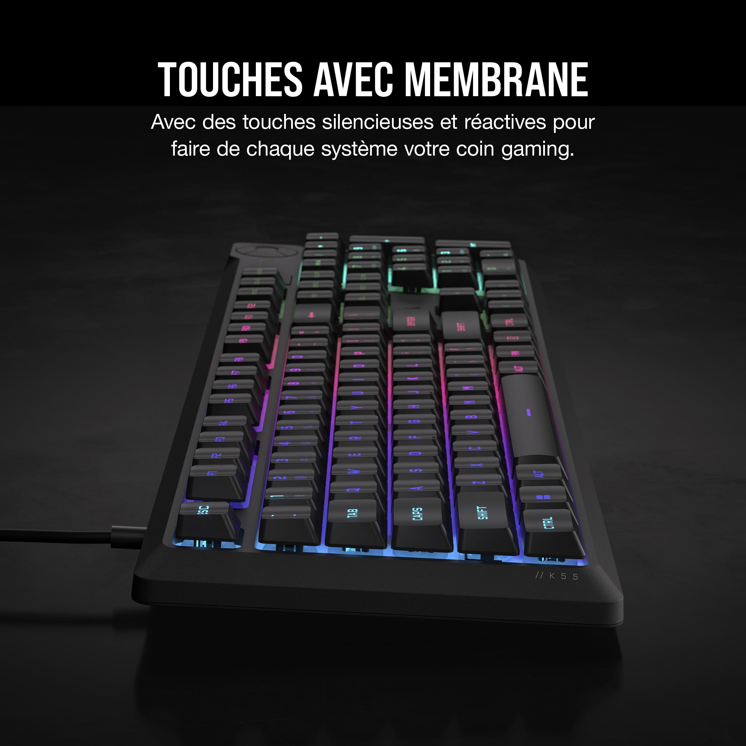Corsair K55 Core RGB Clavier de Jeu Filaire à Membrane (AZERTY FR) – Noir | Commutateurs Réactifs, Résistance Aux éclaboussures, Ten-Zone RGB, Touches Multimédia, Compatible iCUE, PC, Mac