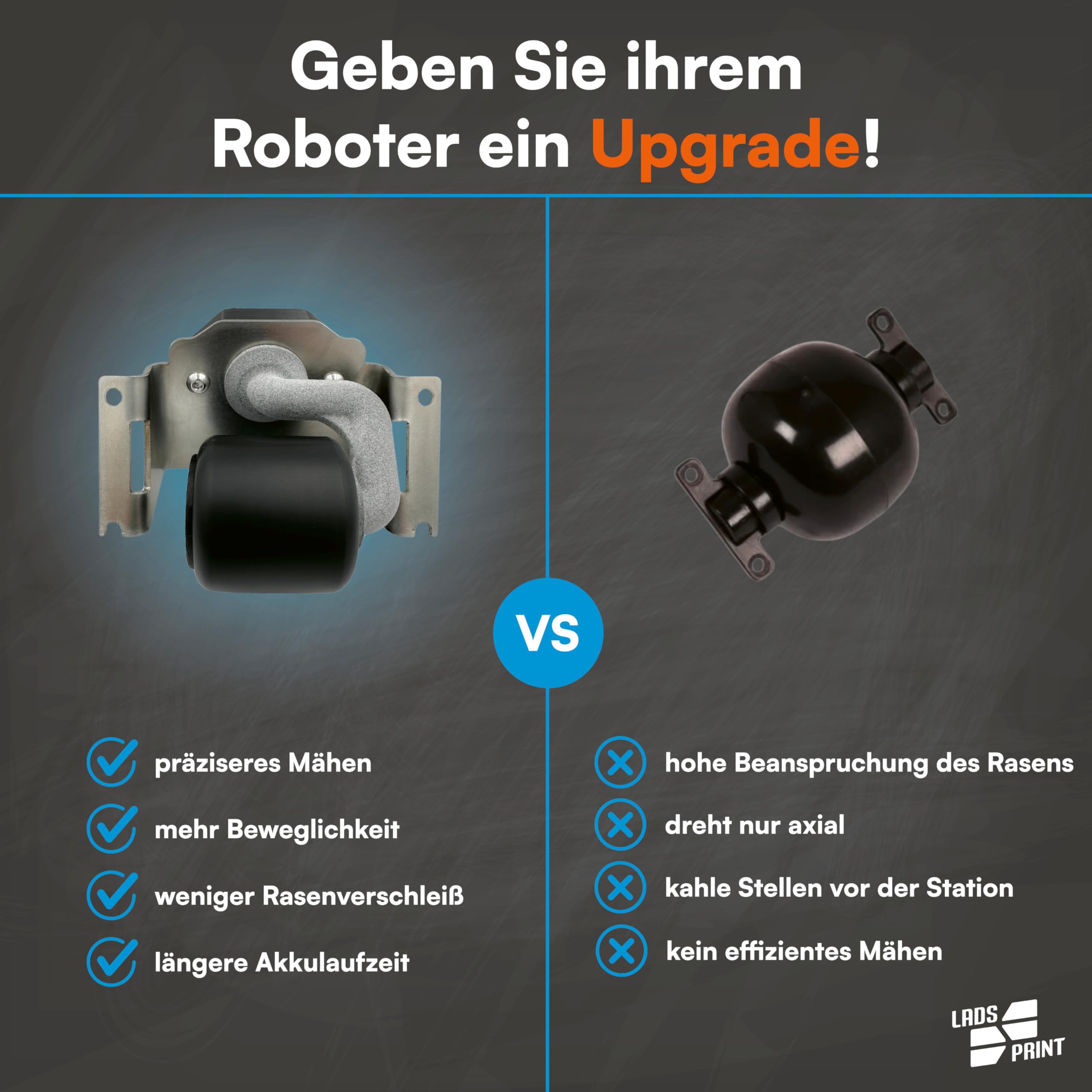 Ruota girevole v2.0 adatta per robot tosaerba, prestazioni migliorate e durata della batteria, acciaio inossidabile e nylon, adatta per molti modelli Gardena, Husqvarna e molto altro