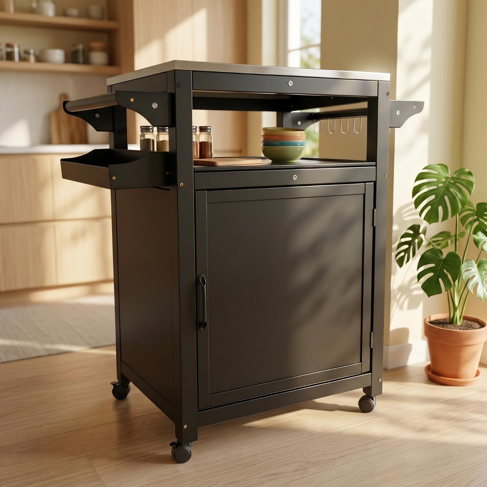 Carrello da Portata da Esterno Carrello da Cucina Isola su Ruote con Vassoio Laterale Piano in Acciaio Inox Ruote Scorrevoli Vano Chiuso Adatto per Feste in Giardino Preparazione Cibi