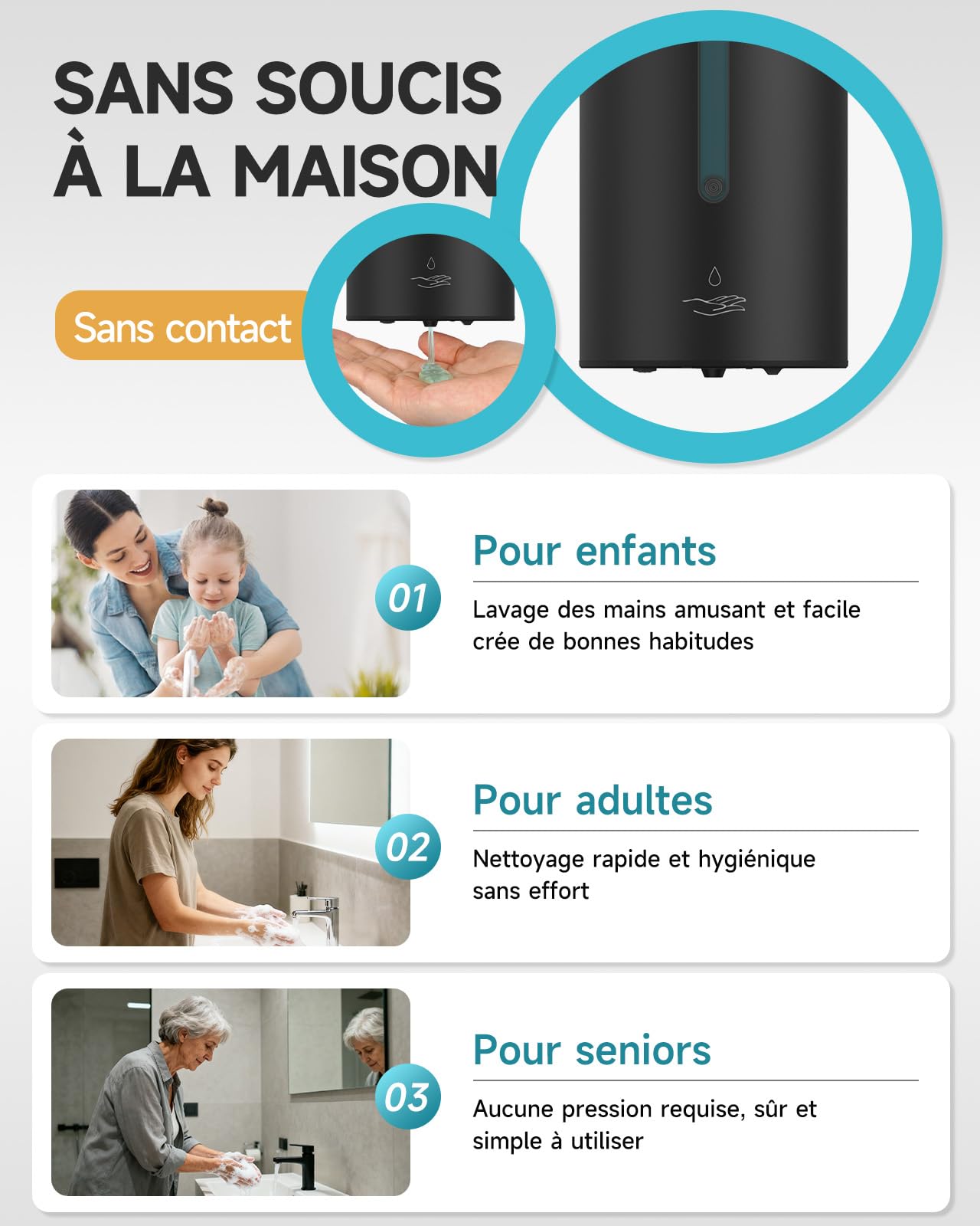 AIKE AK1205E Distributeur de Savon Automatique Mural, Capacité Importante en Acier Inoxydable pour Salle à Manger et Toilettes