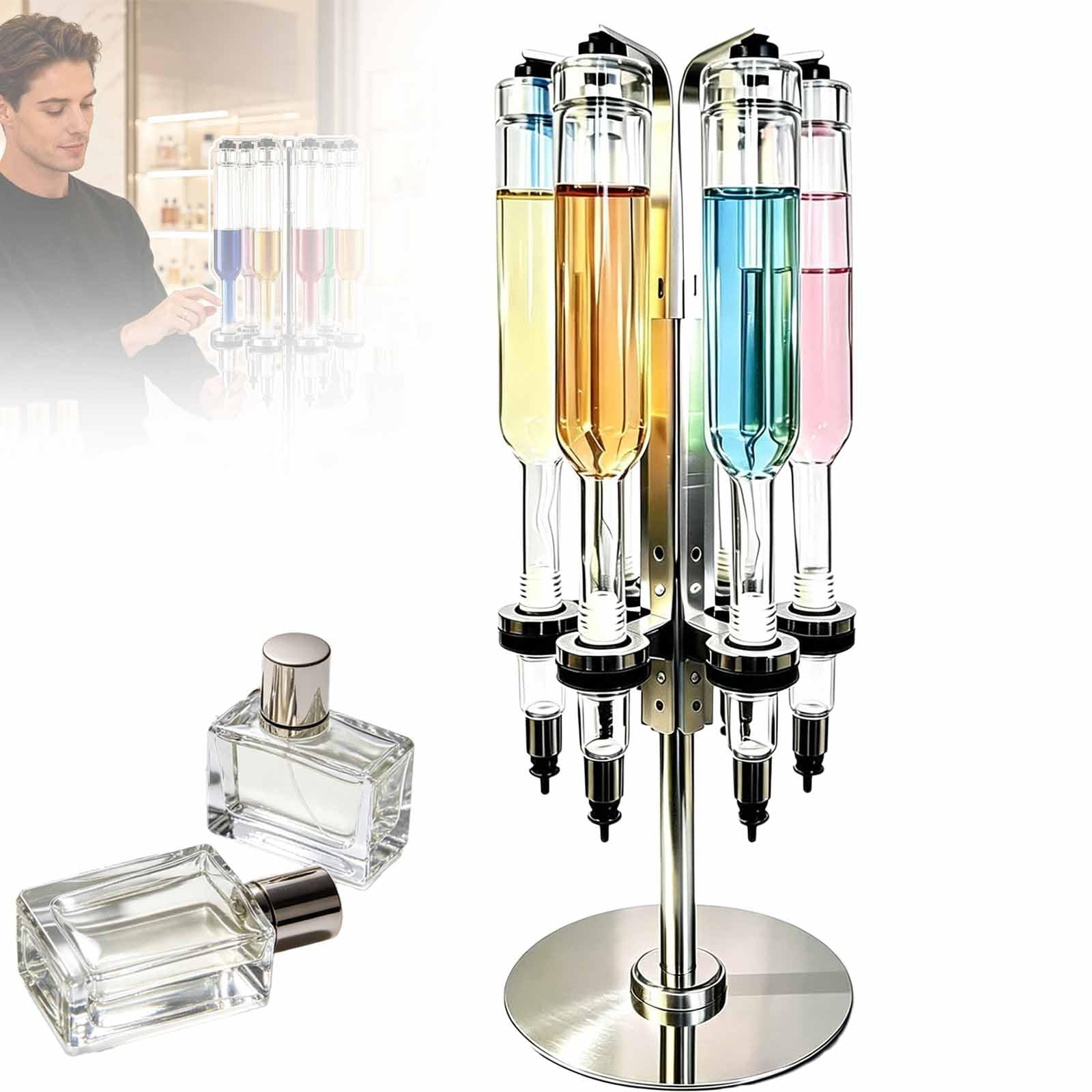 Stojak Na Testery Perfum, Ręczny Dozownik Perfum Z 6 Głowicami Pompowymi, Obrotowa Konstrukcja I Odłączane Części, Przezroczyste Butelki Wielokrotnego Napełniania I Precyzyjna Kontrola