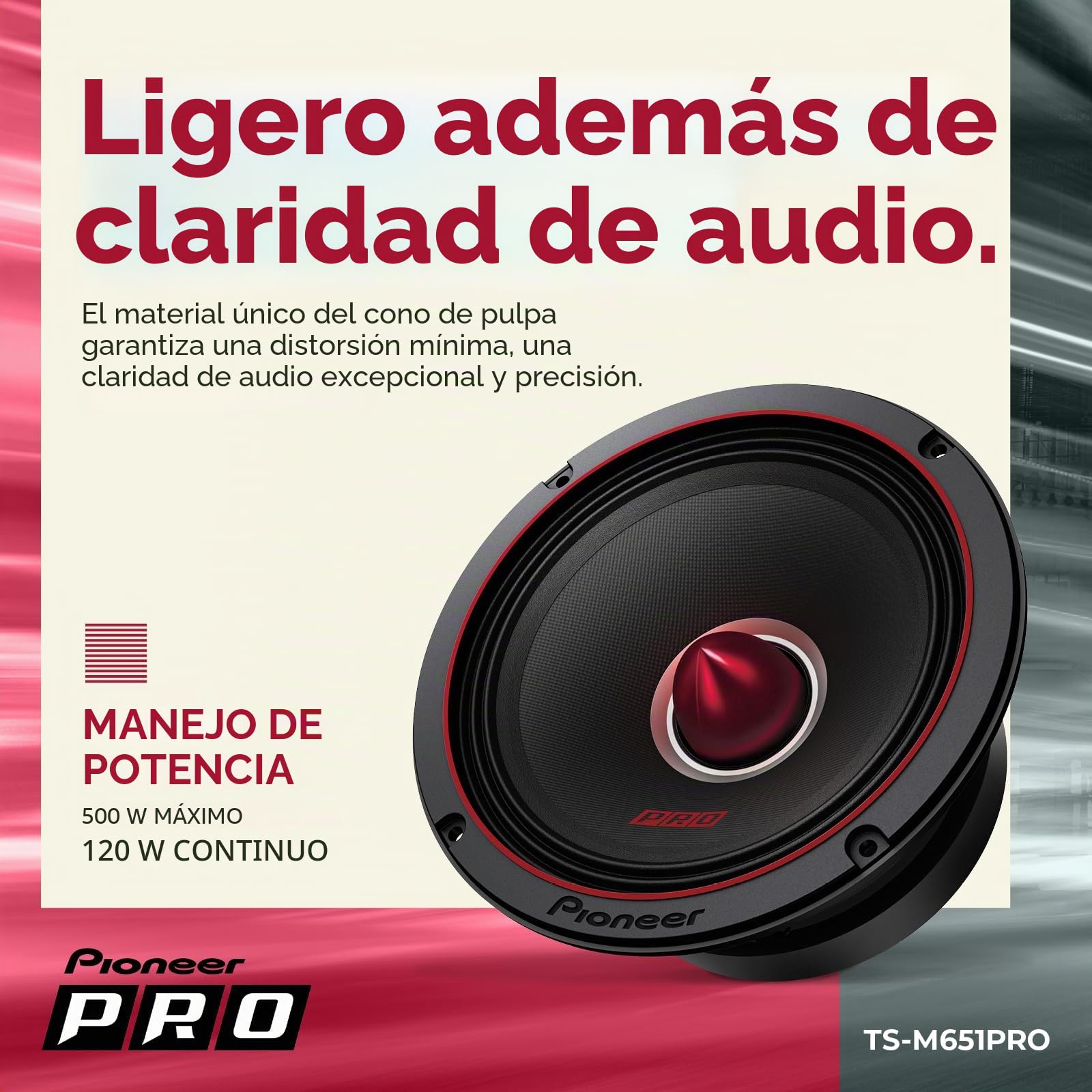 Pioneer TS-M651PRO P.R.O. Series 6-3/10.2 cm 500 W Potencia máxima, Cono de Pulpa Mezclado, Controlador de Graves Medios de Alta eficiencia - Altavoz componente Serie Pro (par)