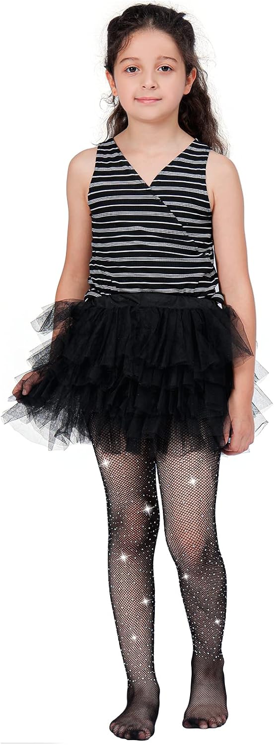 MANZI Rhinestone Fishnets Tights for Girls White Sparkly Black Tights for Girls Fishnet Stockings (Pack of 2) - Image 6