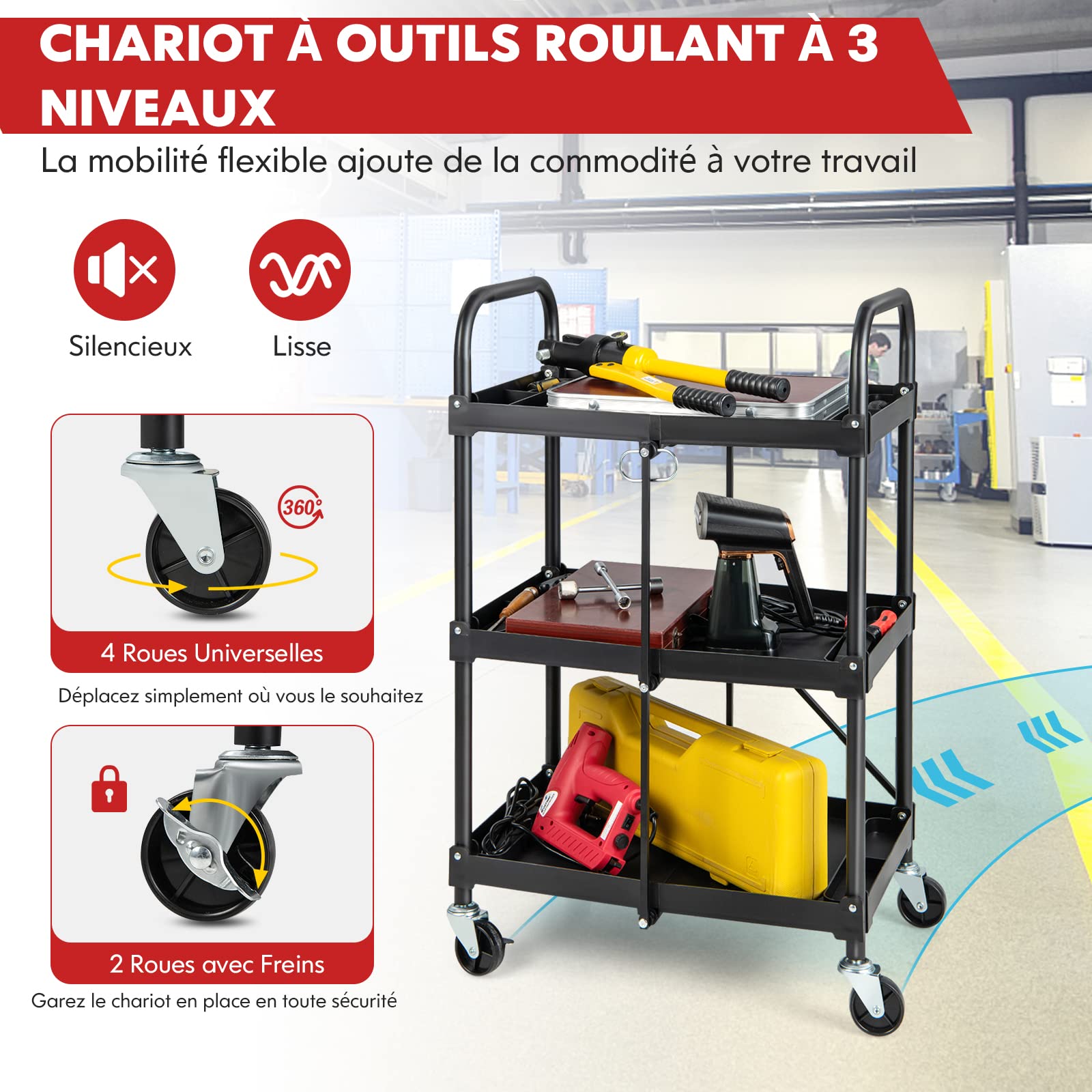 GYMAX Chariot Servante d’Atelier Pliable à roulettes 3 Niveaux, Rangement d'Outils, 2 Rouelettes avec Freins, Compartiments Trié, Cadre Métallique, pour Garage Cuisine Studio