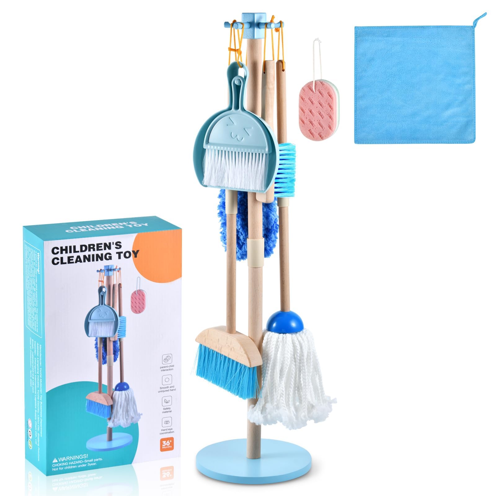 WHOHOLL 9 Pcs Wooden Kids Cleaning Toy Set, Cleaning Toys for Toddlers 3-6, Housekeeping Play Set Includes Broom Mop Duster Dustpan Sponge and