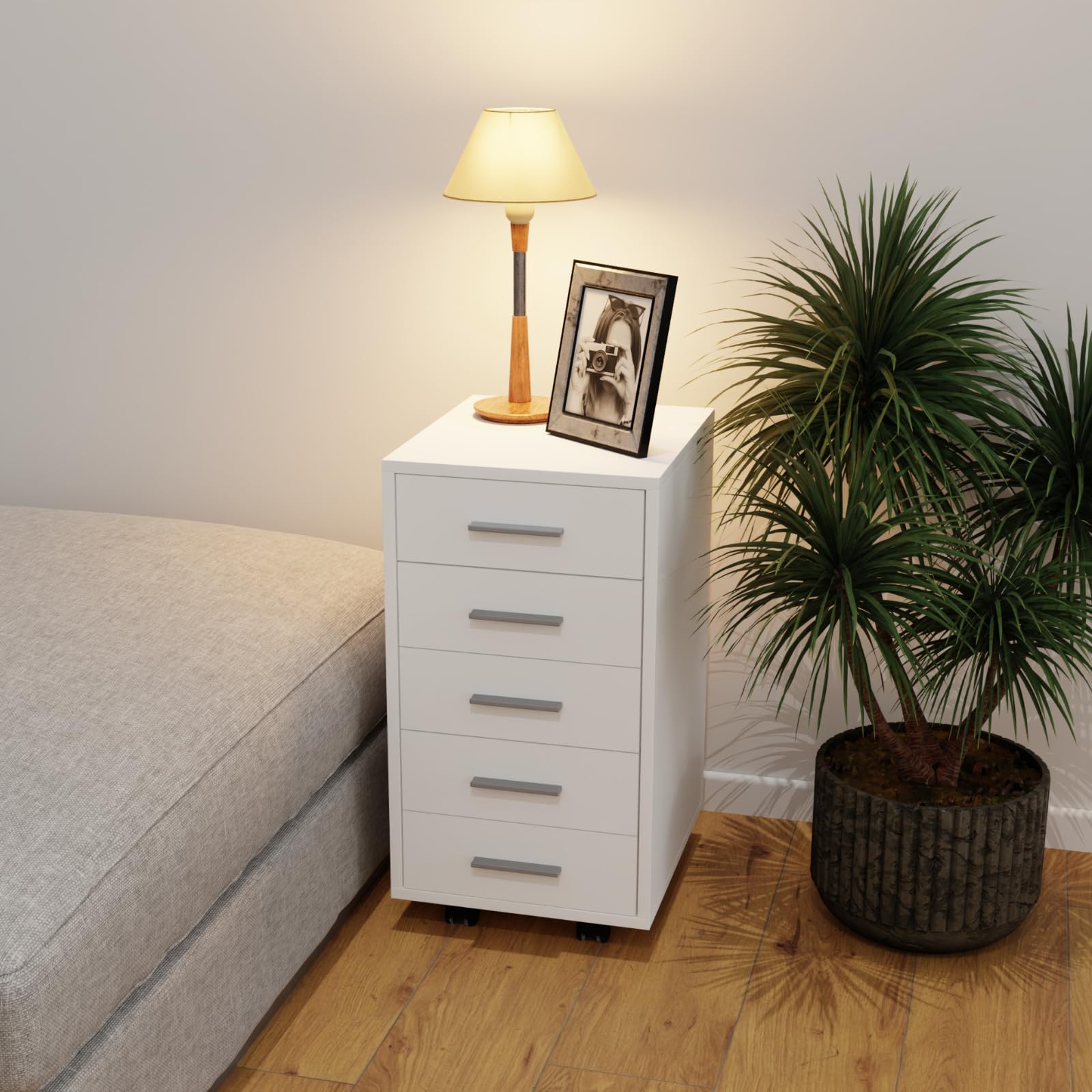 HAGO24 | Rollcontainer | Bürocontainer | Büroschrank | Aktenschrank | Rollschrank | 5 Schubladen | Aluminium-Griffe | Möbelrollen | 360° schwenkbar | Weiß |