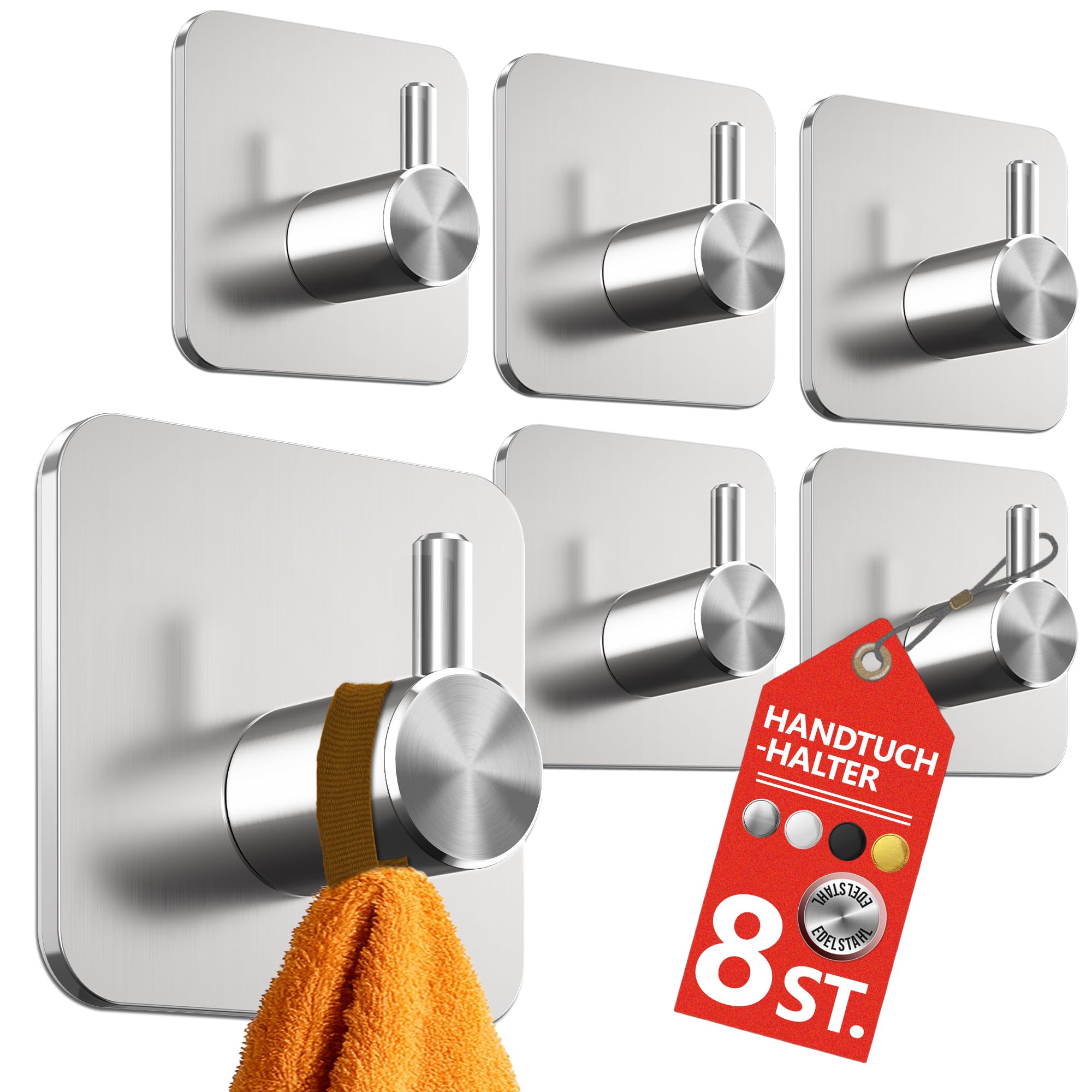 4smile Handtuchhalter ohne Bohren, 8 Stück in Silber - Wasserfeste Badezimmer Handtuchhalter, Edelstahl Haken, Klebehaken für Bad, Küche - Extra-starke Haken selbstklebend, Handtuchhaken