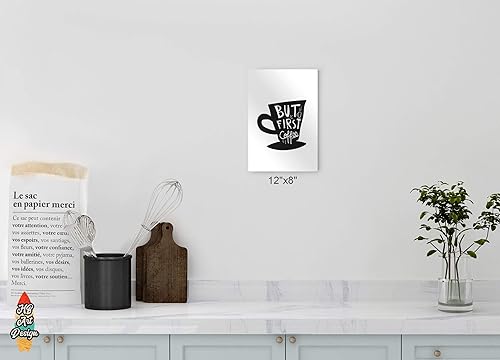 Miniatura 5 de HB Art Design Taza con texto en inglés "But First Coffee" (But First Coffee Quote - Taza en blanco y negro) con impresión de metal, arte de pared de