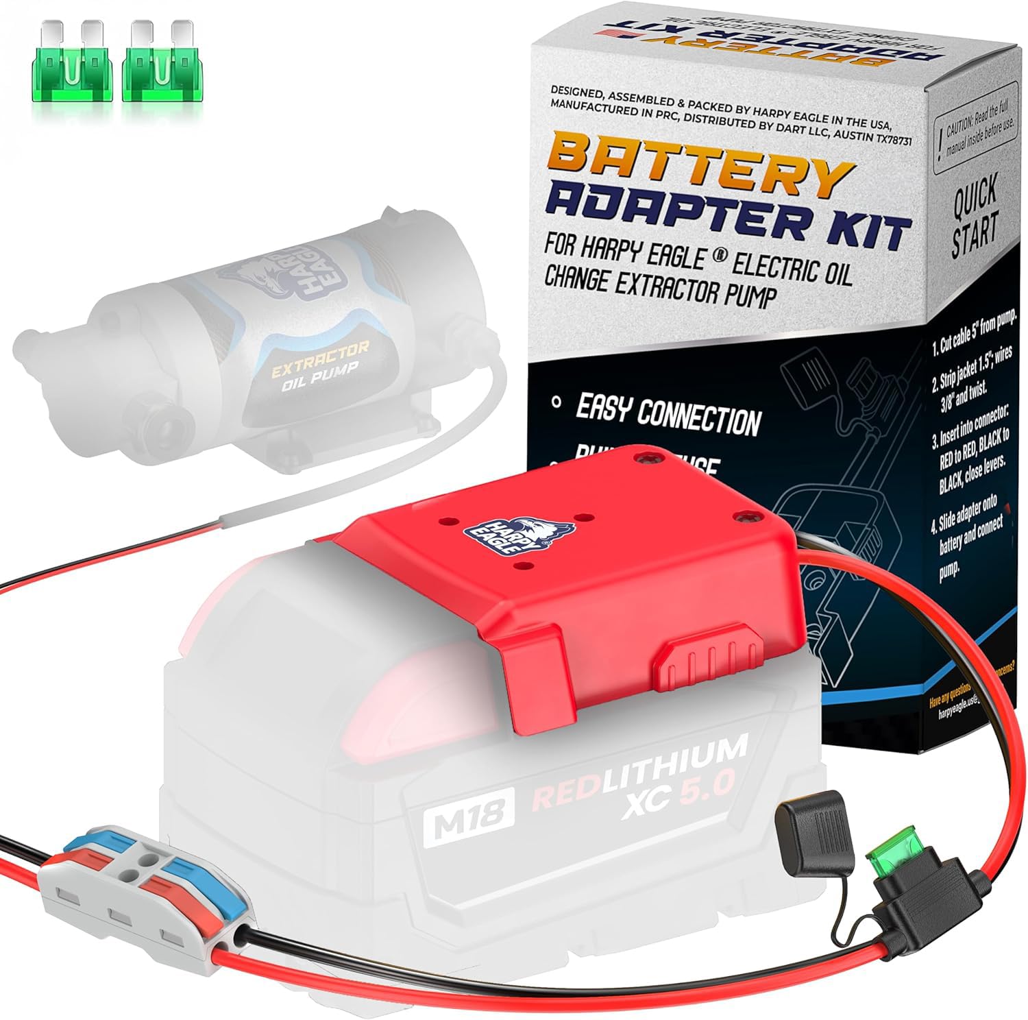 Harpy Eagle Battery Adapter for Red M18 18V Batteries – Compatible Oil Extractor Pump – Includes 30A Fuse, WAGO Connectors &amp; 12AWG Wires – Battery &amp; Pump Not Included