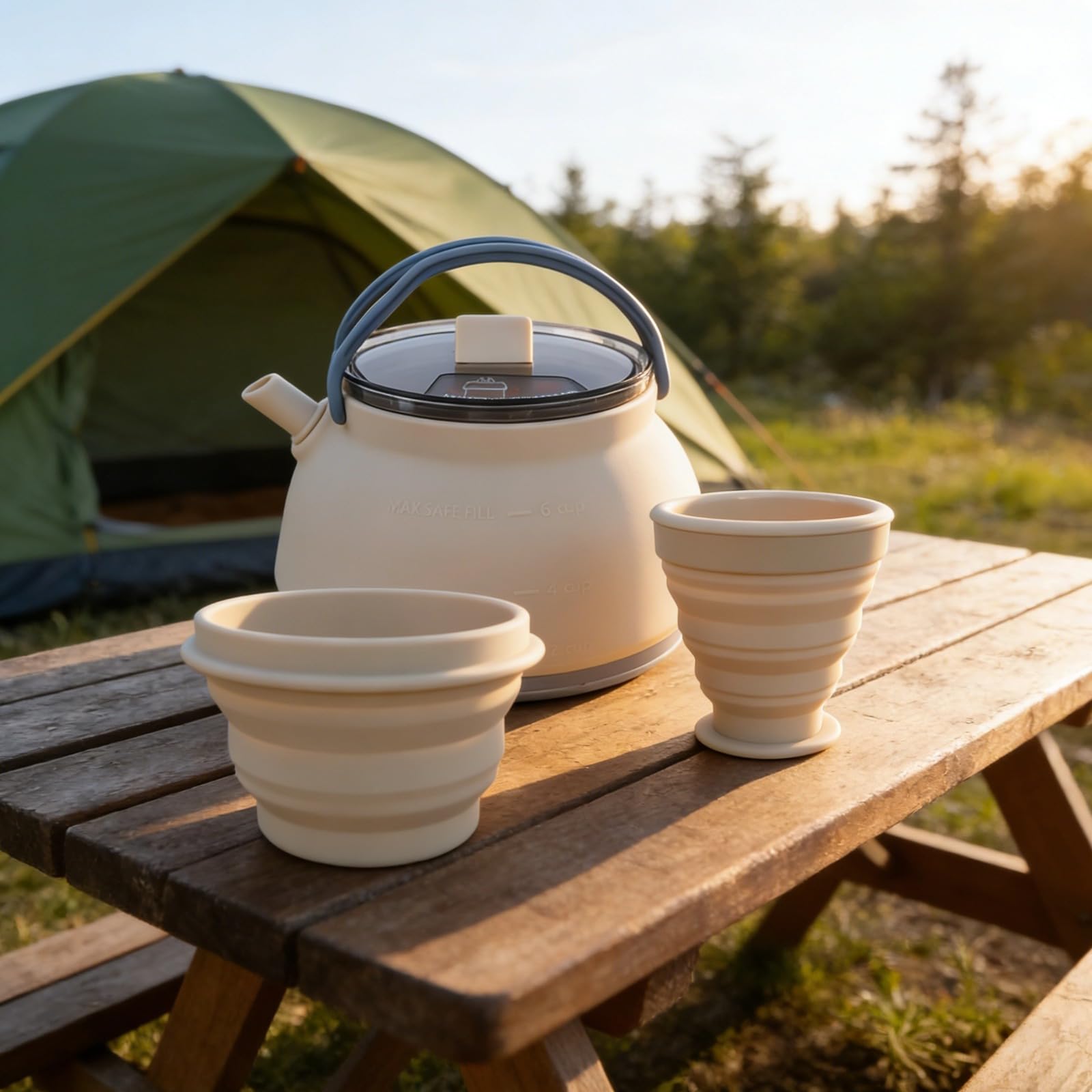 Camping-Kochgeschirr, 3 Stück, Khaki, tragbares Kochset mit 1,5 l Wasserkocher, 200 ml Tasse und 500 ml Schüssel, lebensmittelechtes Silikon für den Außenbereich