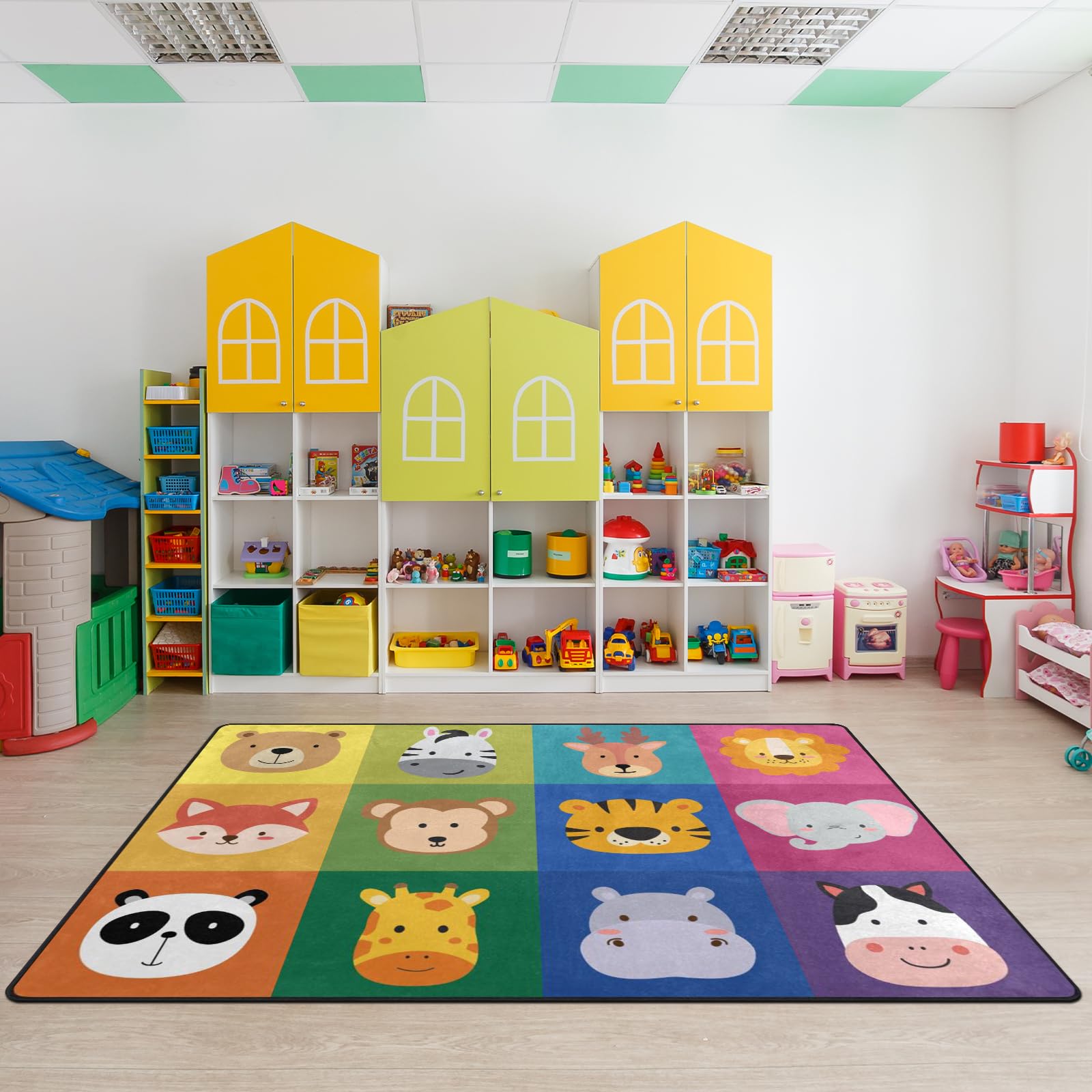 Classroom Carpets Squares Playmat Rugs - 5x7 Ft Kids Rug with Rubber Backing, Colorful Squares&Cartoon Animals Classroom Seating Rug Play Mat Nursery Rugs for Preschool Elementary Playroom -12 Seating