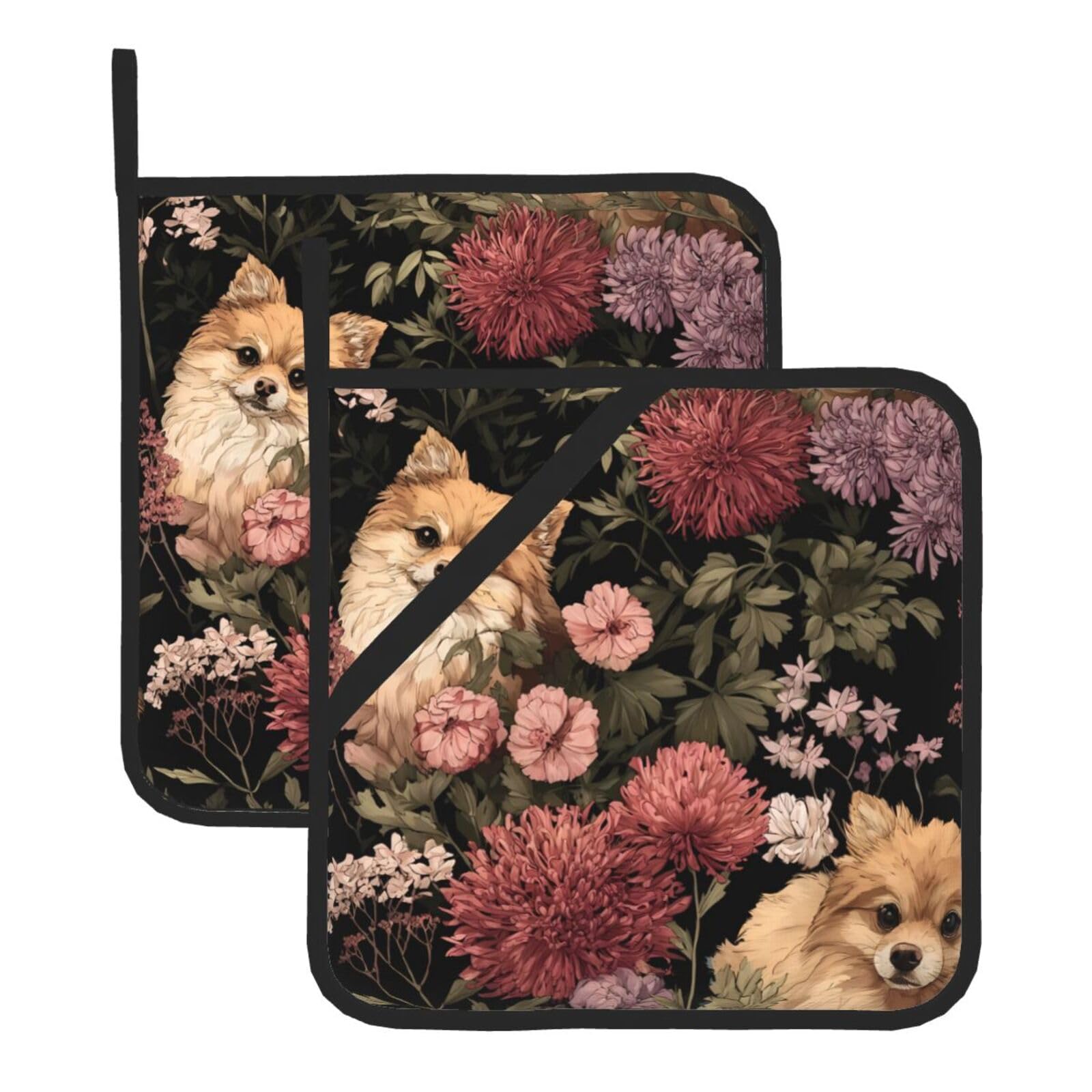 HJFCZH Pomeranian and Flowers Printed Square Insulated Pot Mat Set (2-Piece) 8x8in Waterproof, Thickened & Easy to Clean with Lanyard Design for Kitchen, Oven & BBQ