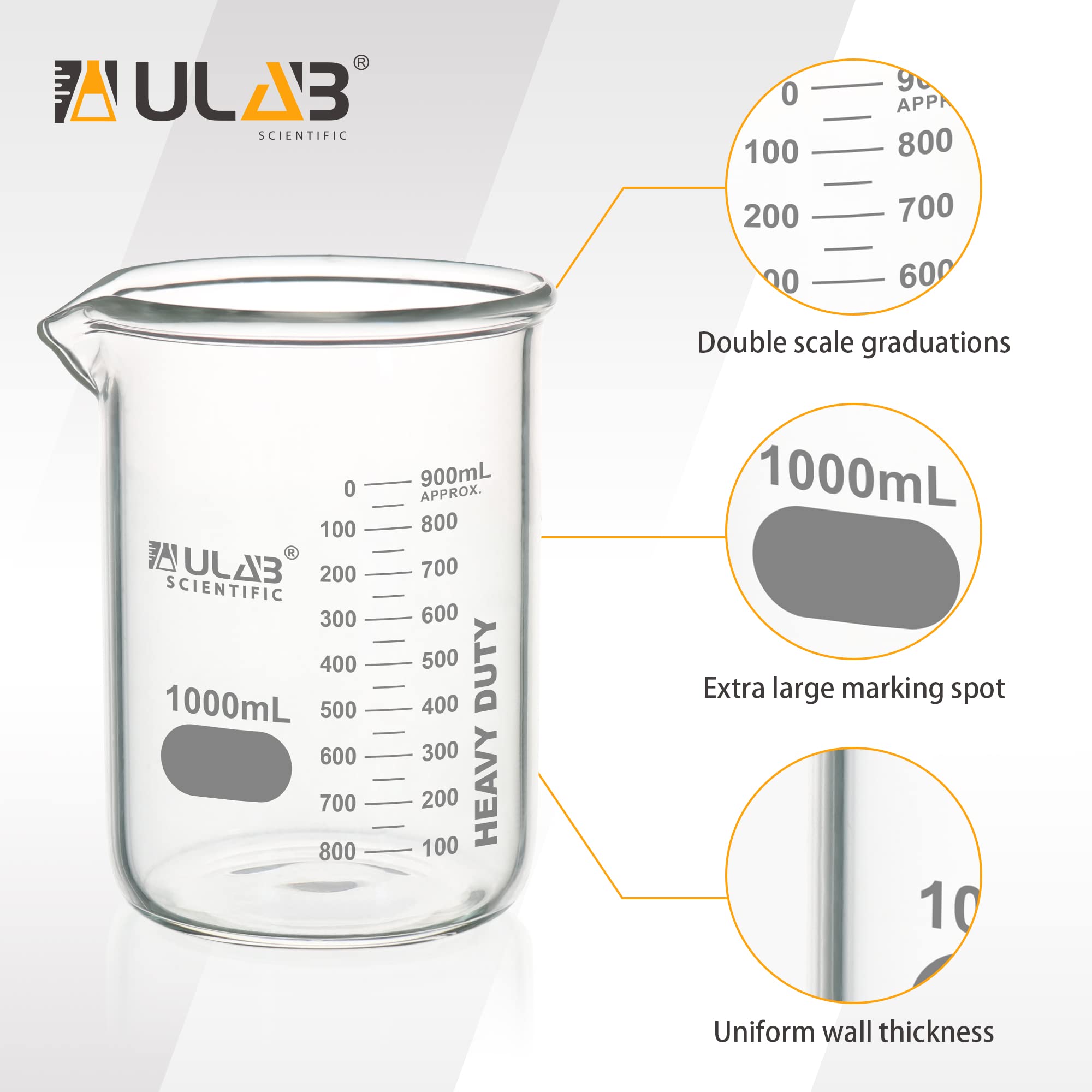 ULAB Becher di vetro, Heavy Duty, con graduazione stampata a doppia scala. 2pcs di Vol.1000ml, UBG1065
