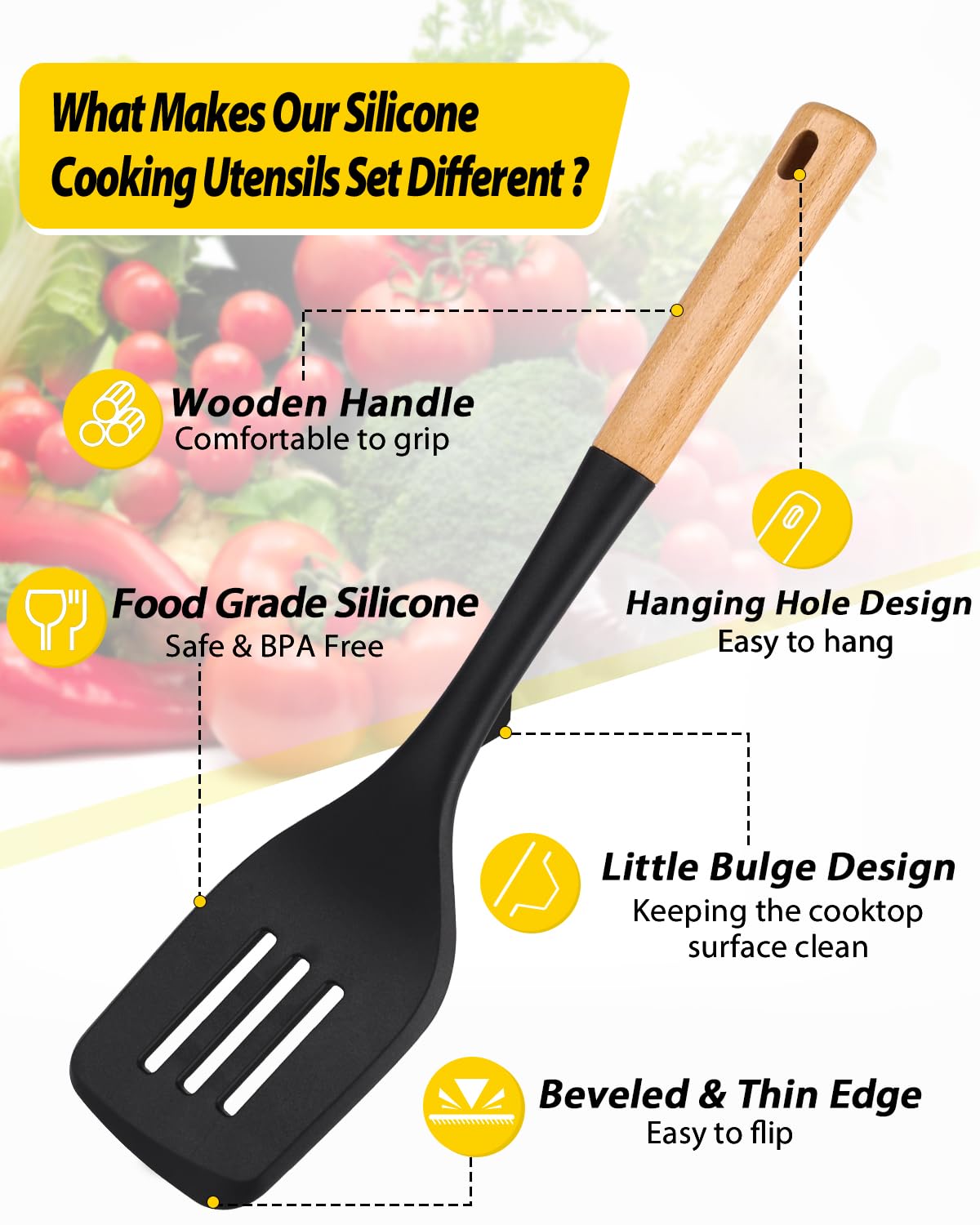Juego de utensilios de cocina de silicona para utensilios de cocina no pegajosos, 7 piezas de utensilios de cocina resistentes al calor con mango de madera, utensilios de cocina sin BPA con espátulas