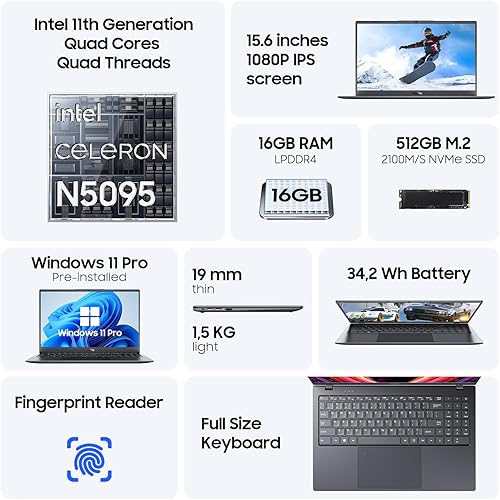 Miniatura 2 de Fingerpront - Computadora portátil con Windows 11 de 15.6 pulgadas con pantalla IPS de 1920 x 1080, 16 GB RAM512 GB NVMe SSD, procesador Intel N5095