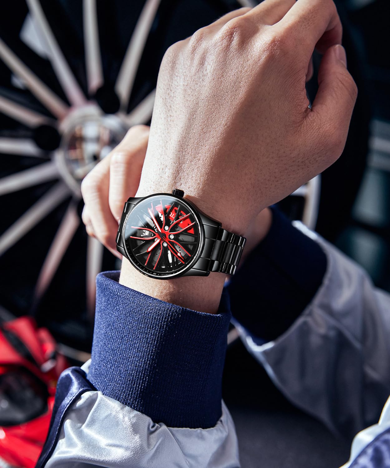OLEVS Herrenuhren Skelettuhr Quarz Rennwagenrad Edelstahl Casual Sports Wasserdicht Leuchtend Herrenarmbanduhren