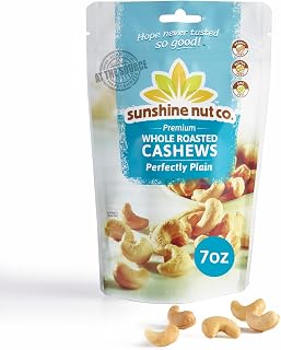 Sunshine Nut Company Whole Roasted Cashews, Perfectly Plain Flavor, Single 7 oz. Bag, Gluten Free, Peanut Free and Vegan Individual Snack Packs for Kids and Adults, No Added Salt, GMO Free