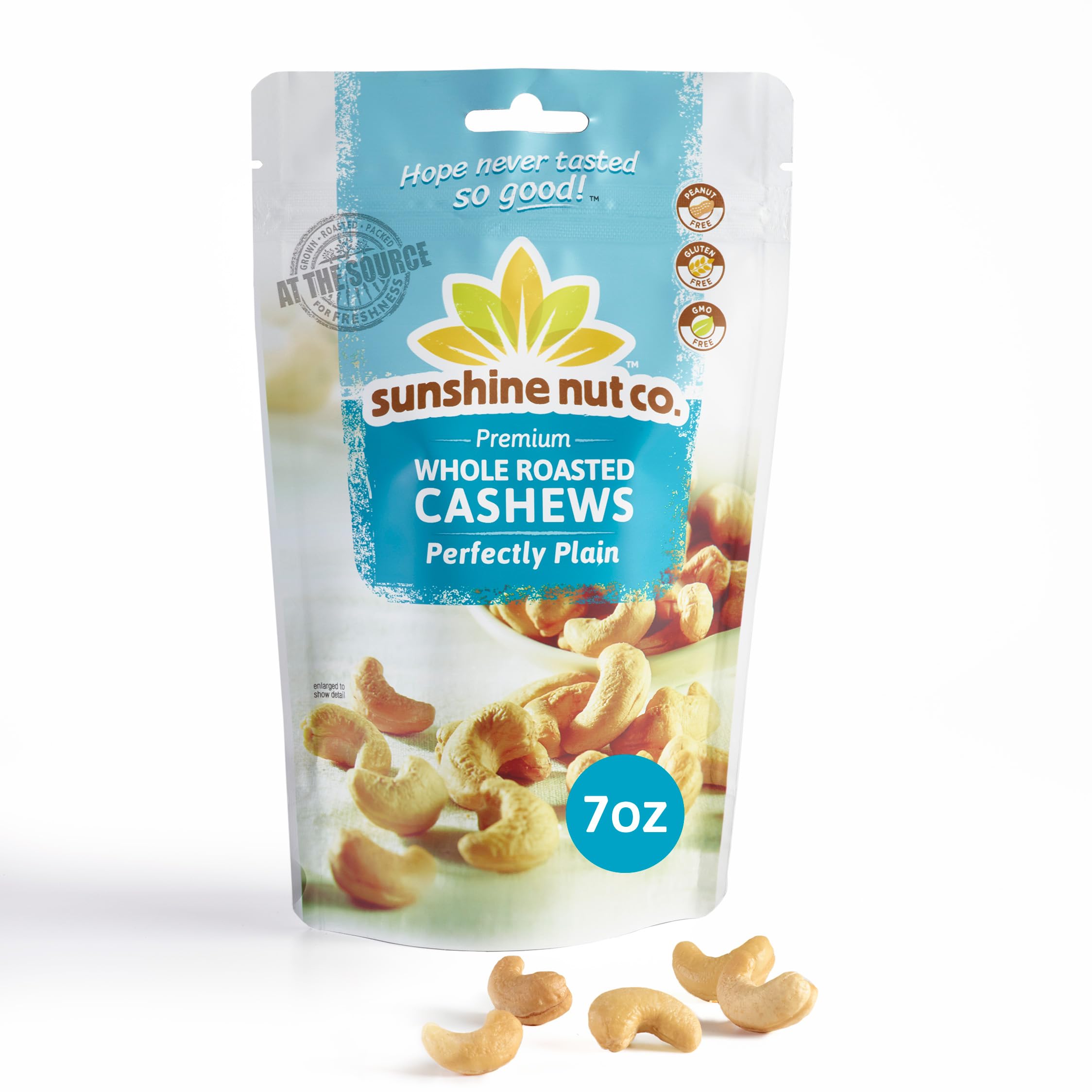 Sunshine Nut Company Whole Roasted Cashews, Perfectly Plain Flavor, Single 7 oz. Bag, Gluten Free, Peanut Free and Vegan Individual Snack Packs for Kids and Adults, No Added Salt, GMO Free