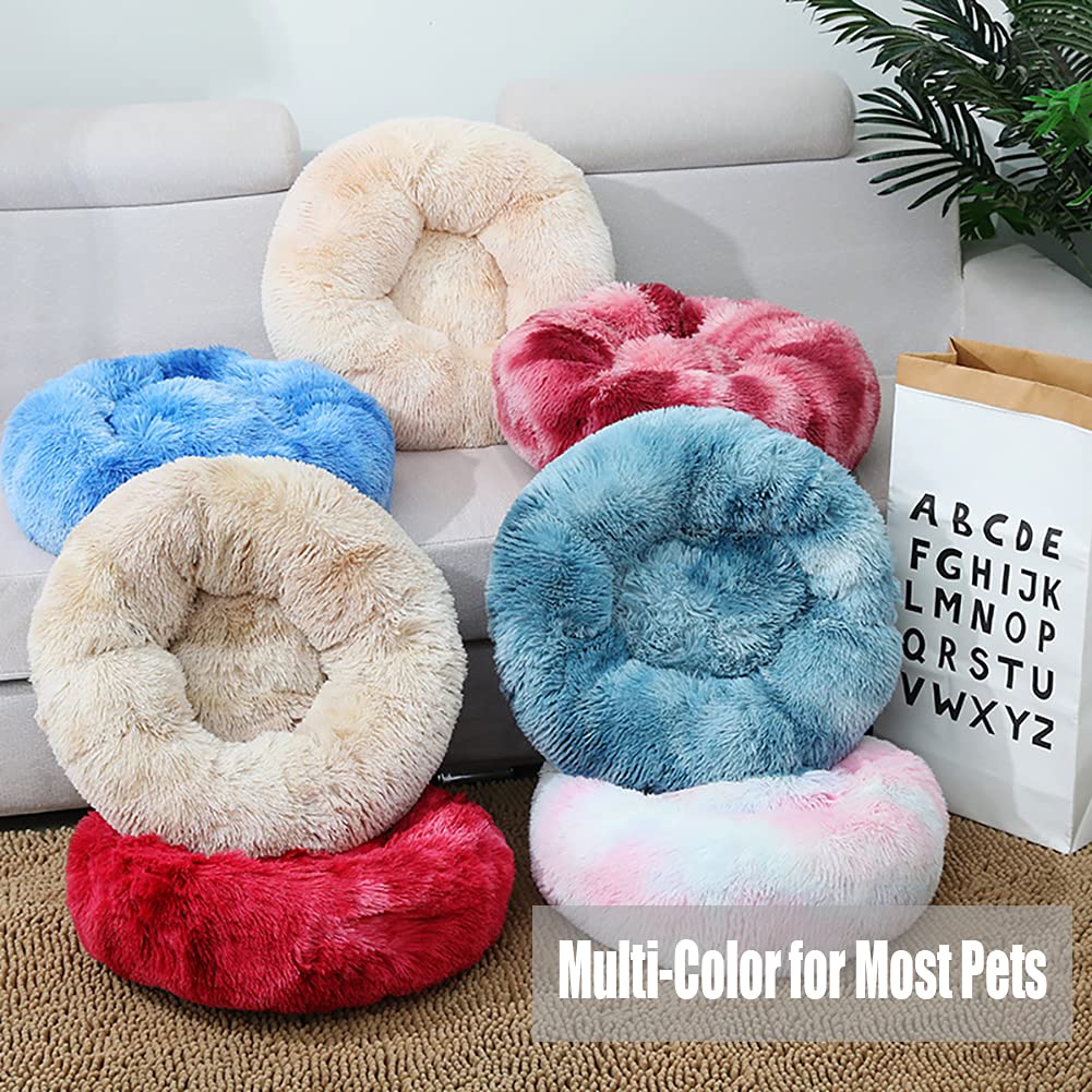 Camas calmantes de pelo sintético para perros, cama calmante para perros y gatos, lavable, redonda, almohada mullida para interiores con parte inferior antideslizante, color degradado, caqui,