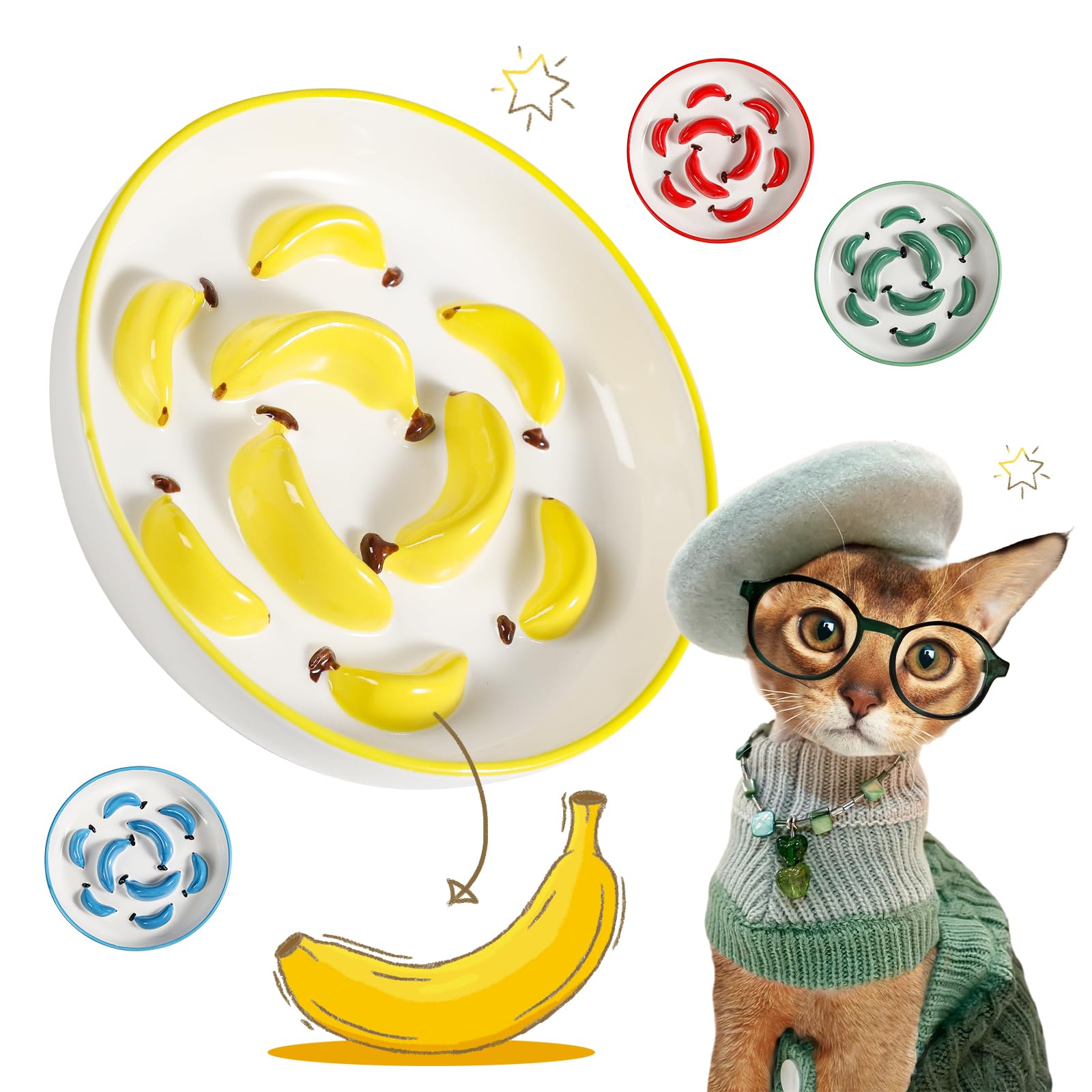 Ceramic Cat Slow Feeder Bowl - Vibrant Cat Plate for Dry Wet Food - Cute Maze Feeder Dish - Dishwasher Safe - 6.3''W x 1.2''H - 7 OZ - Yellow โ image 1
