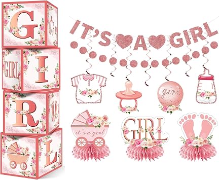 13PCS Pink Rose Gold Baby Shower Decorations for Girls, Floral "Its a Girl" Balloon Boxes Banner Circle Dot Garland Hanging Swirls Honeycomb Centerpieces, Pregnancy Announcement Party Supplies
