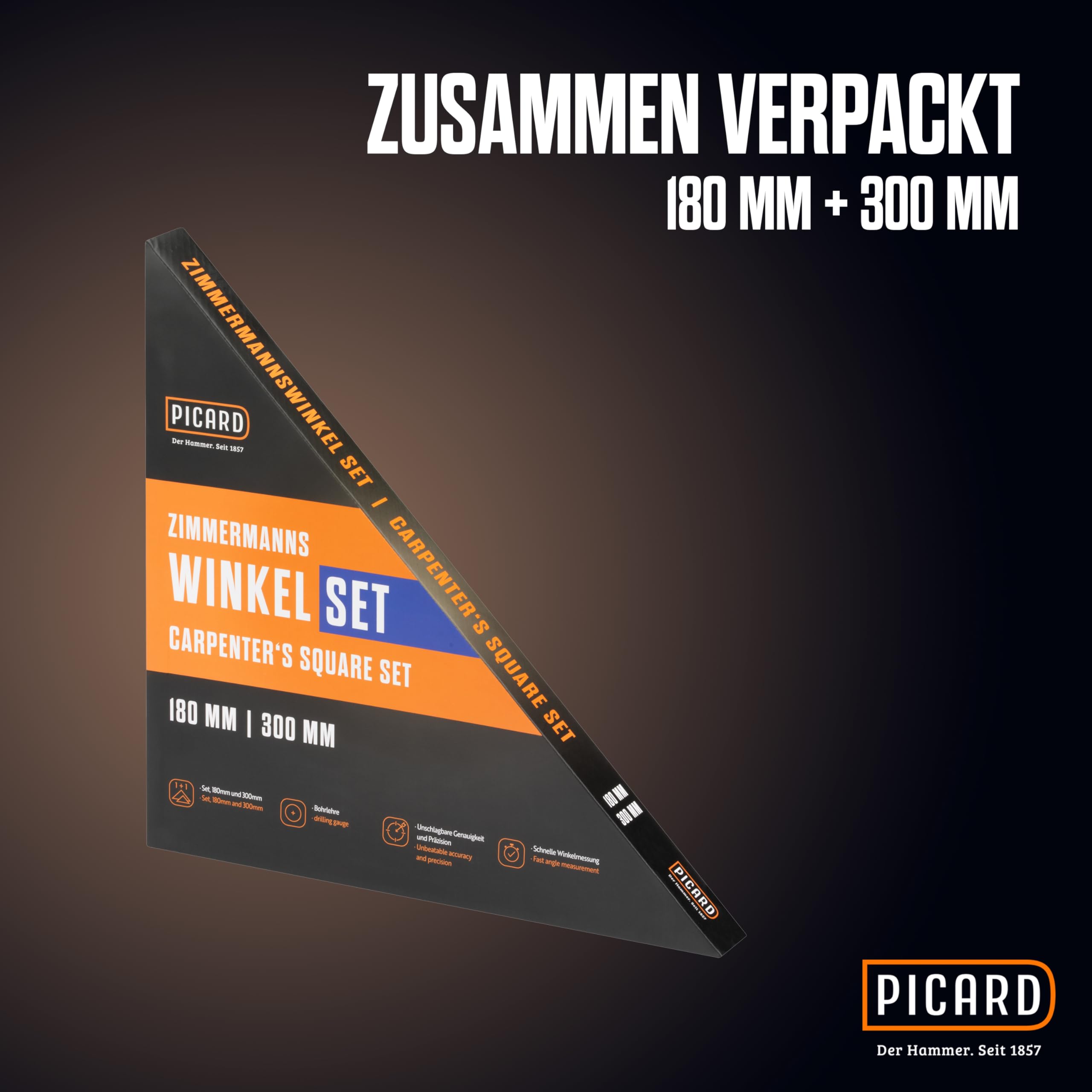 PICARD Zimmermannswinkel Set 180 mm mit Bohrlehre + 300 mm mit Sparrenlehre | Präzise Anschlagwinkel & Schreinerwinkel | Profi Zimmererwinkel für Holzbau & Dachkonstruktion | Speed Square metrisch