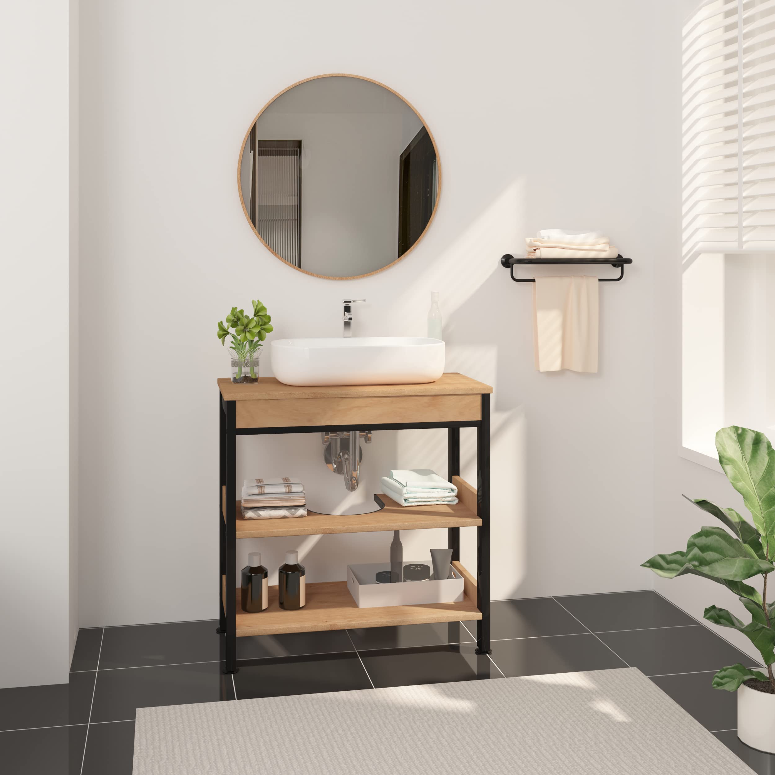 eSituro Waschbeckenunterschrank, Unterschrank Badschrank mit Ablagen, Badunterschrank Waschbecken aus MDF mit Siphonausschnitt, 60 x 60 x 30 cm