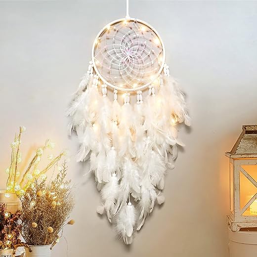 Dremisland White Feathers Dream Catcher Wall Hanging Elegant Wall Art Room Decoration for Windows Balcony Bedroom Wedding Party Gift for Girls and Kids (with Lights)