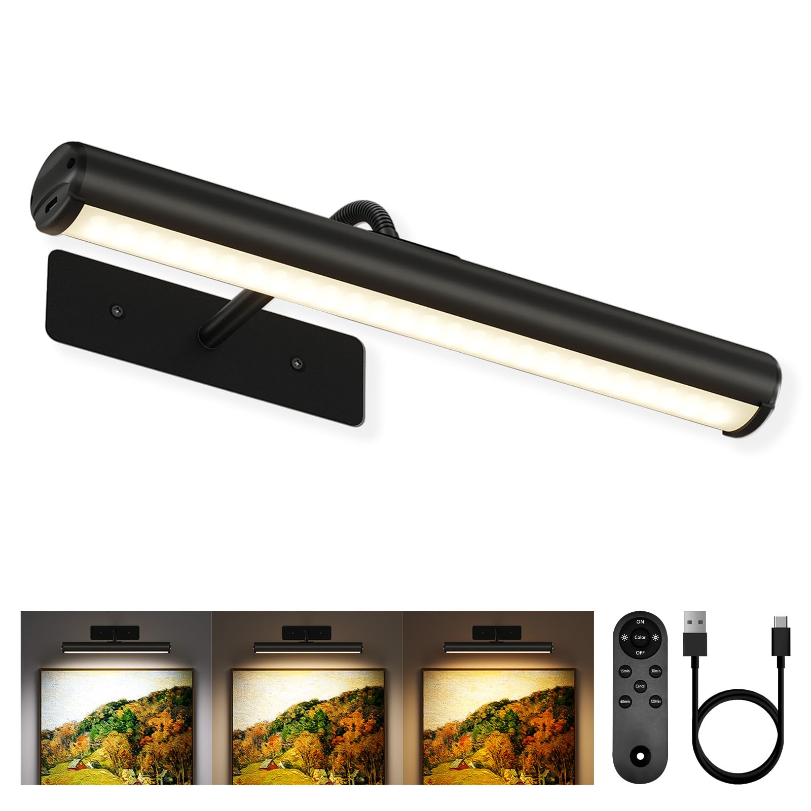 EZVALO Picture Lights for Wall, 13'' Wireless 4000mAh Rechargeable Battery Operated Painting Light with Remote, 3 Color Temperatures Art Light for Gallery, Living Room, Hallway (Black, 13in)