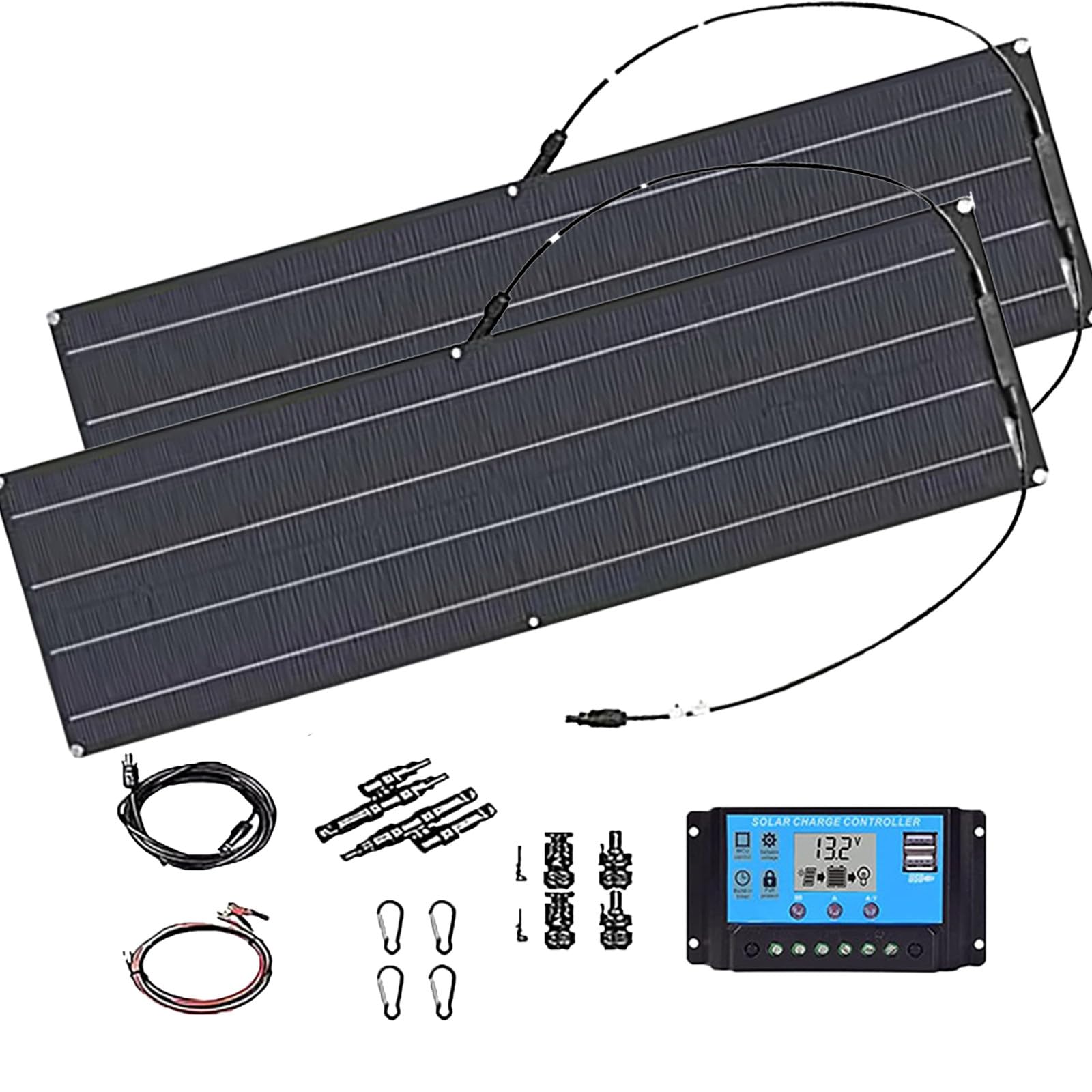 Kit De Placa Solar Fotovoltaica De 400 W, 2 Paneles Solares Monocristalinos De 200 W con Controlador De Carga De 40 A, para Barco, Camping Y Hogar Black
