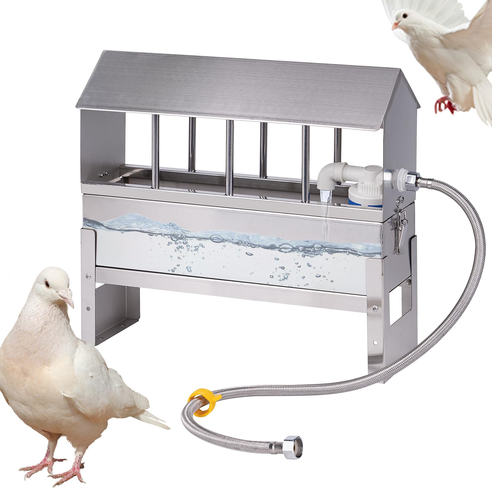 Abbeveratoio Automatico per Polli, Abbeveratoio per Pollame con Tubo Flessibile Intrecciato, Bevitori per Pappagalli con Valvola a Galleggiante e Supporto per Quaglie, Piccioni, Pulcini