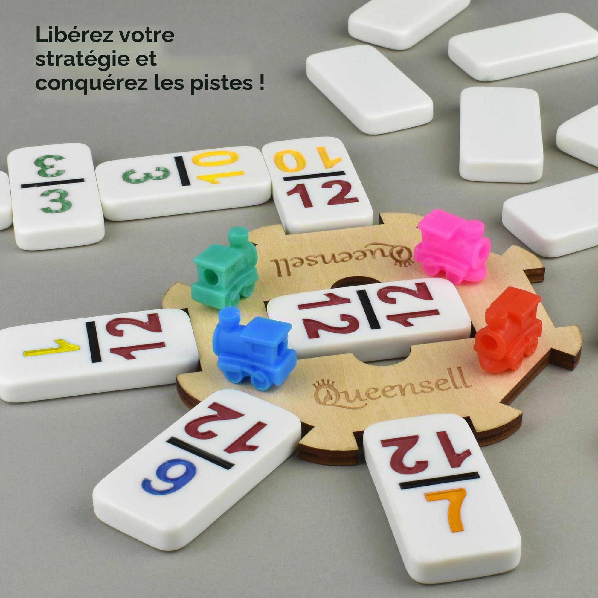 Queensell Jeu de Dominos Train Mexicain avec Chiffres, Jeu de Dominos Double 12 pour Adultes, Train de Domino Mexicain pour Adultes et Famille – Jeu de Dominos 91 Pièces avec Étui en Aluminium