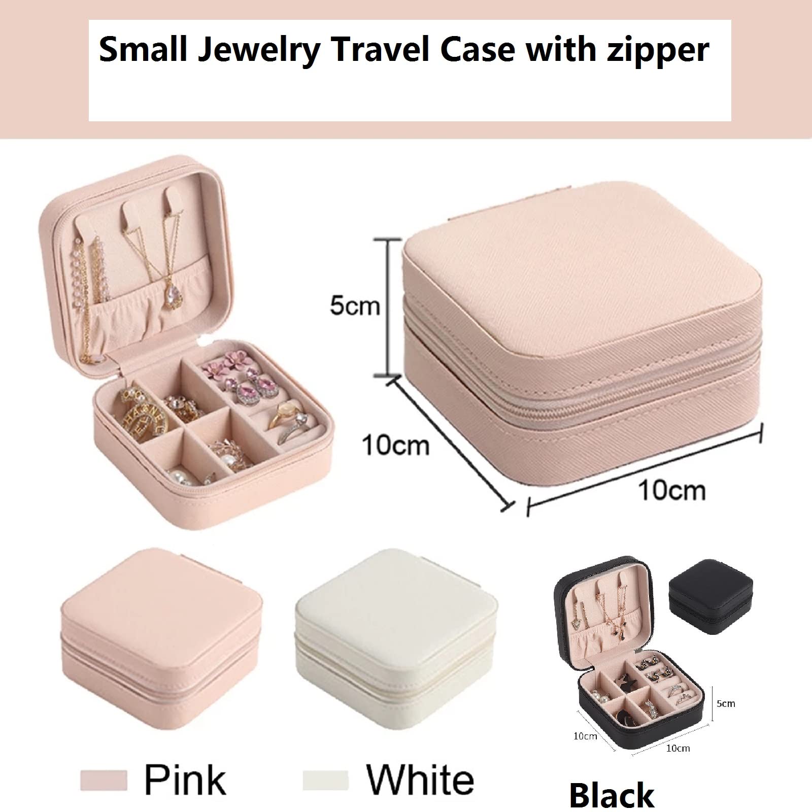 ASLIDECOR Small Travel Jewelry Case,Leather Travel Jewelry Box With Zipper,Jewelry Travel Organizer Box Gift for Rings Necklaces Earrings(white)